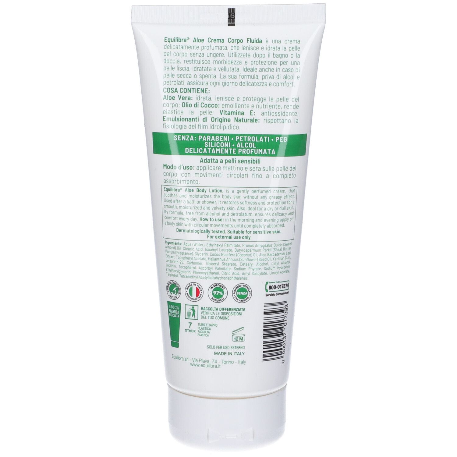 Tubo bianco con stampa verde, etichetta con informazioni sul prodotto e simboli di certificazione.