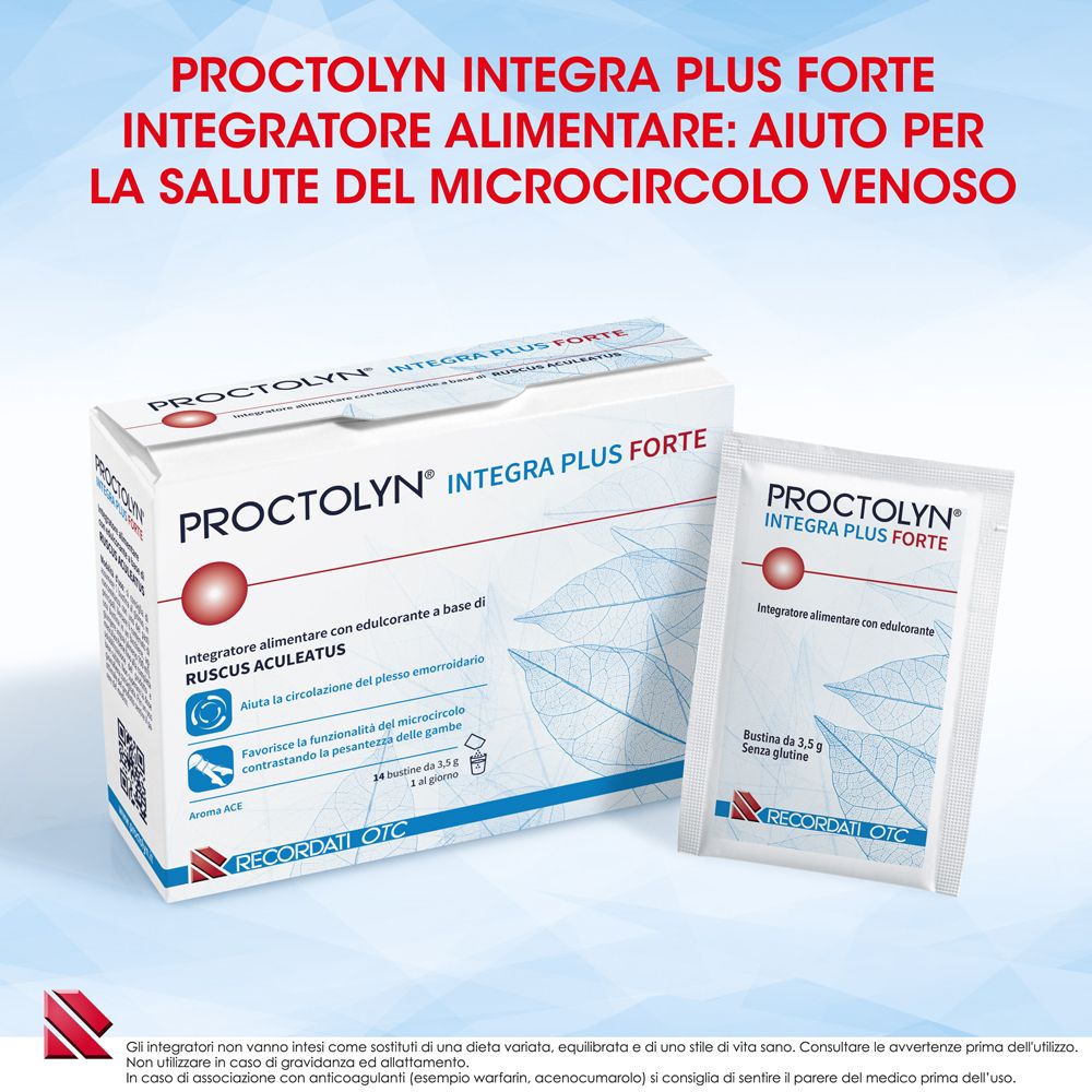 Confezione Proctolyn Integra Plus Forte Bustine e un singolo sacchetto.