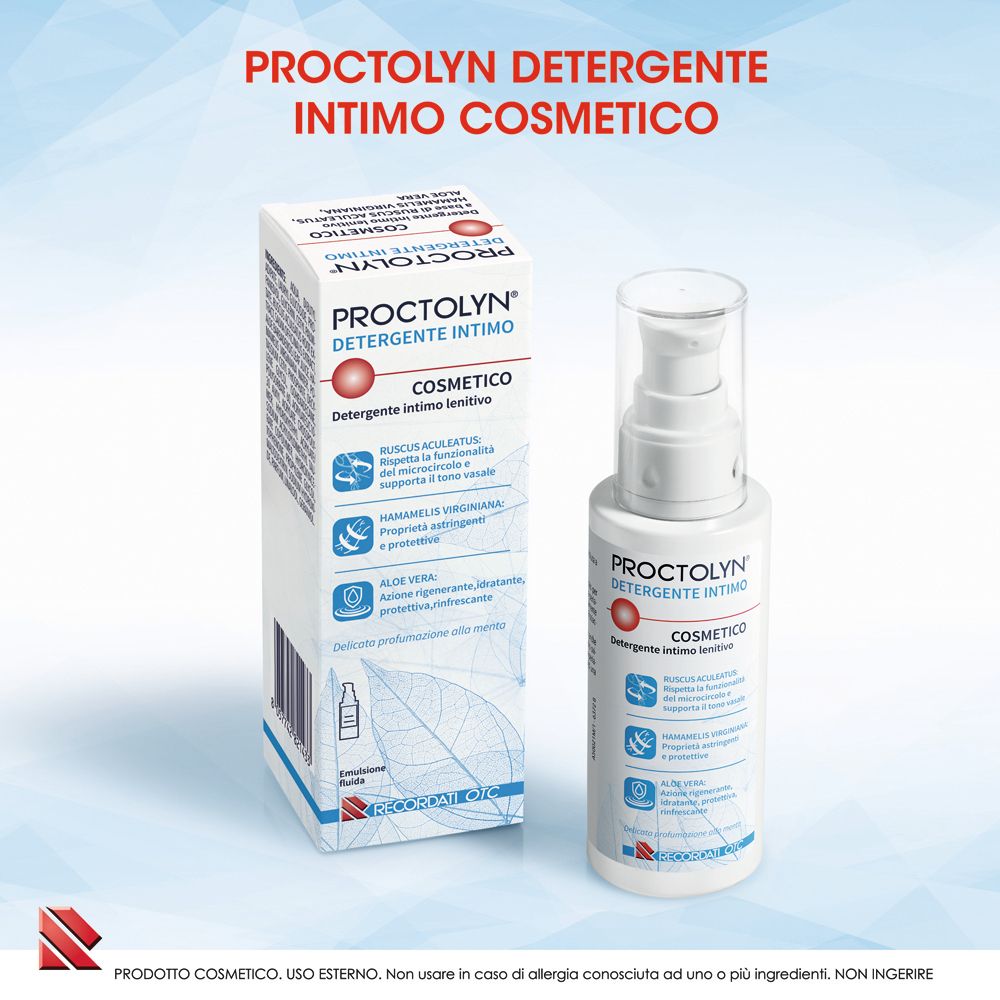 Confezione e flacone di detergente intimo Proctolyn affiancati, entrambi con informazioni dettagliate sul prodotto.