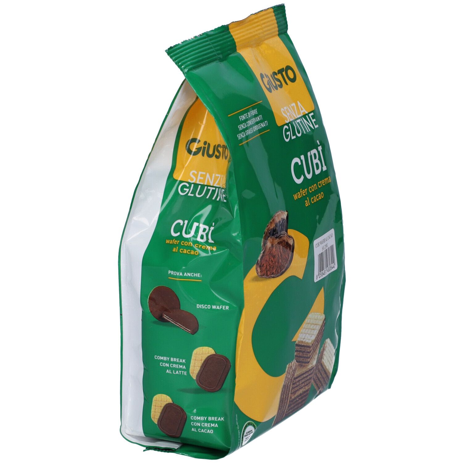 Confezione verde Giusto Senza Glutine Cubi' Wafer Cacao, leggermente aperta. Mostra illustrazioni del prodotto. Testo: 'SENZA GLUTINE'.
