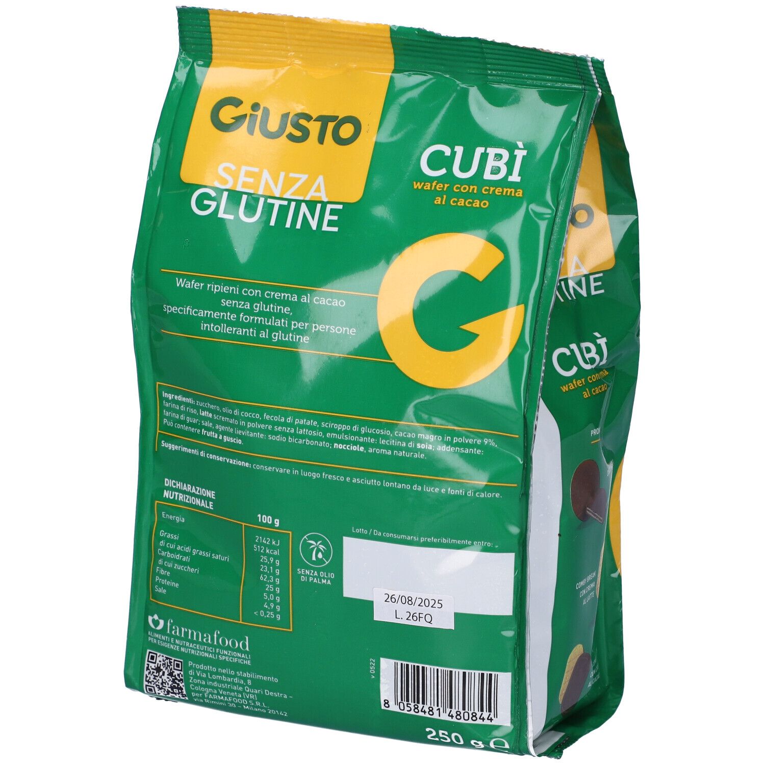 Retro della confezione verde Giusto Senza Glutine Cubi' Wafer Cacao. Mostra informazioni nutrizionali e testo. Testo: 'SENZA GLUTINE'.