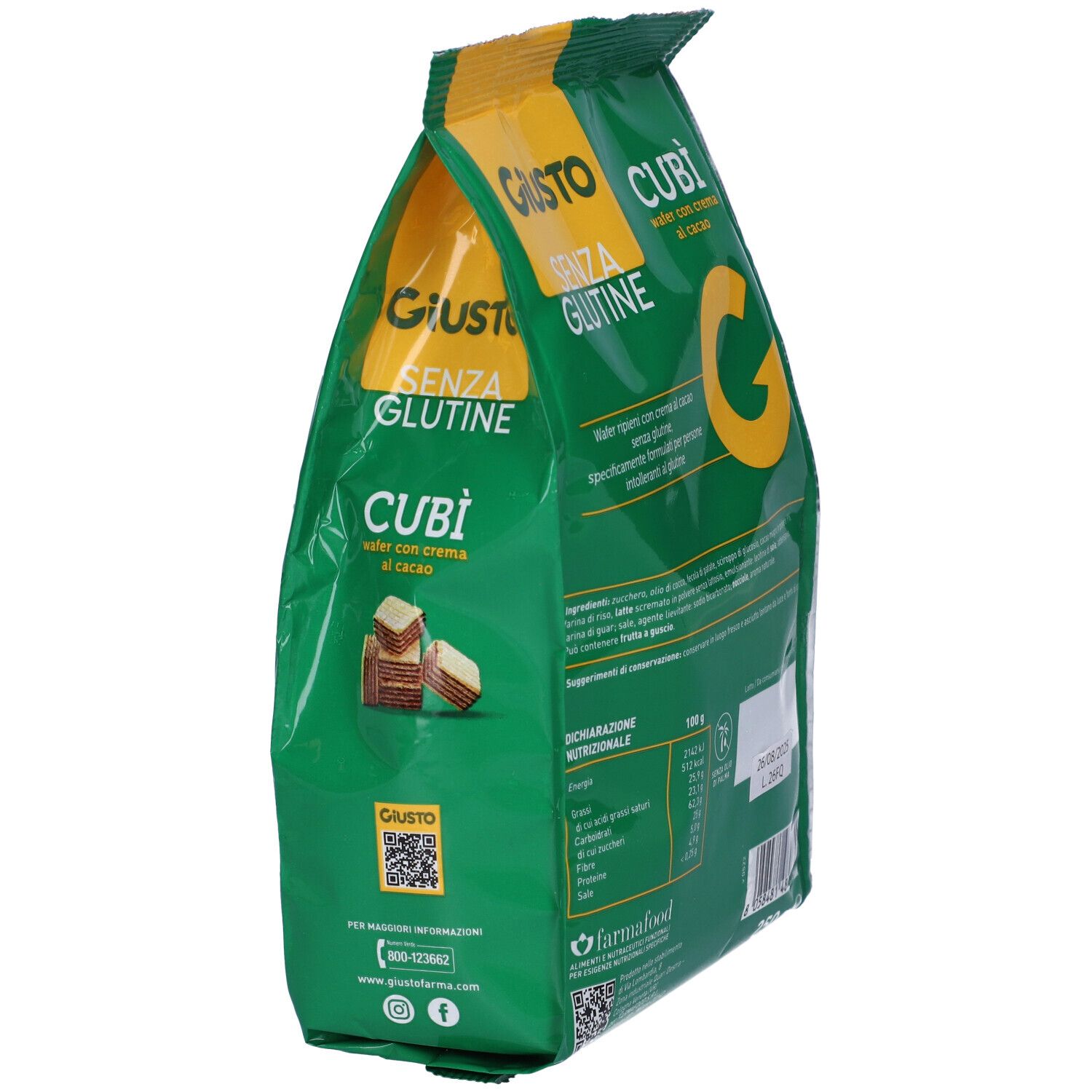 Confezione verde Giusto Senza Glutine Cubi' Wafer Cacao, leggermente aperta. Retro visibile. Testo: 'SENZA GLUTINE'.