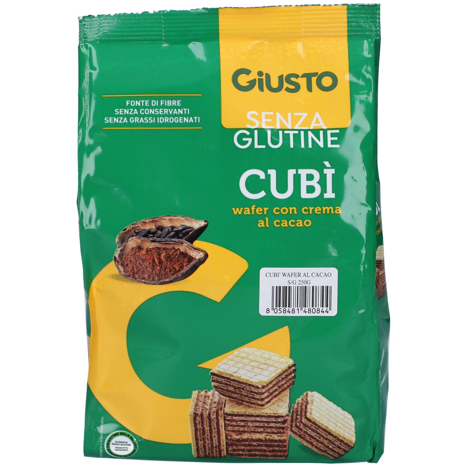 Confezione verde Giusto Senza Glutine Cubi' Wafer Cacao. Mostra wafer e immagine del prodotto. Testo: 'SENZA GLUTINE'.