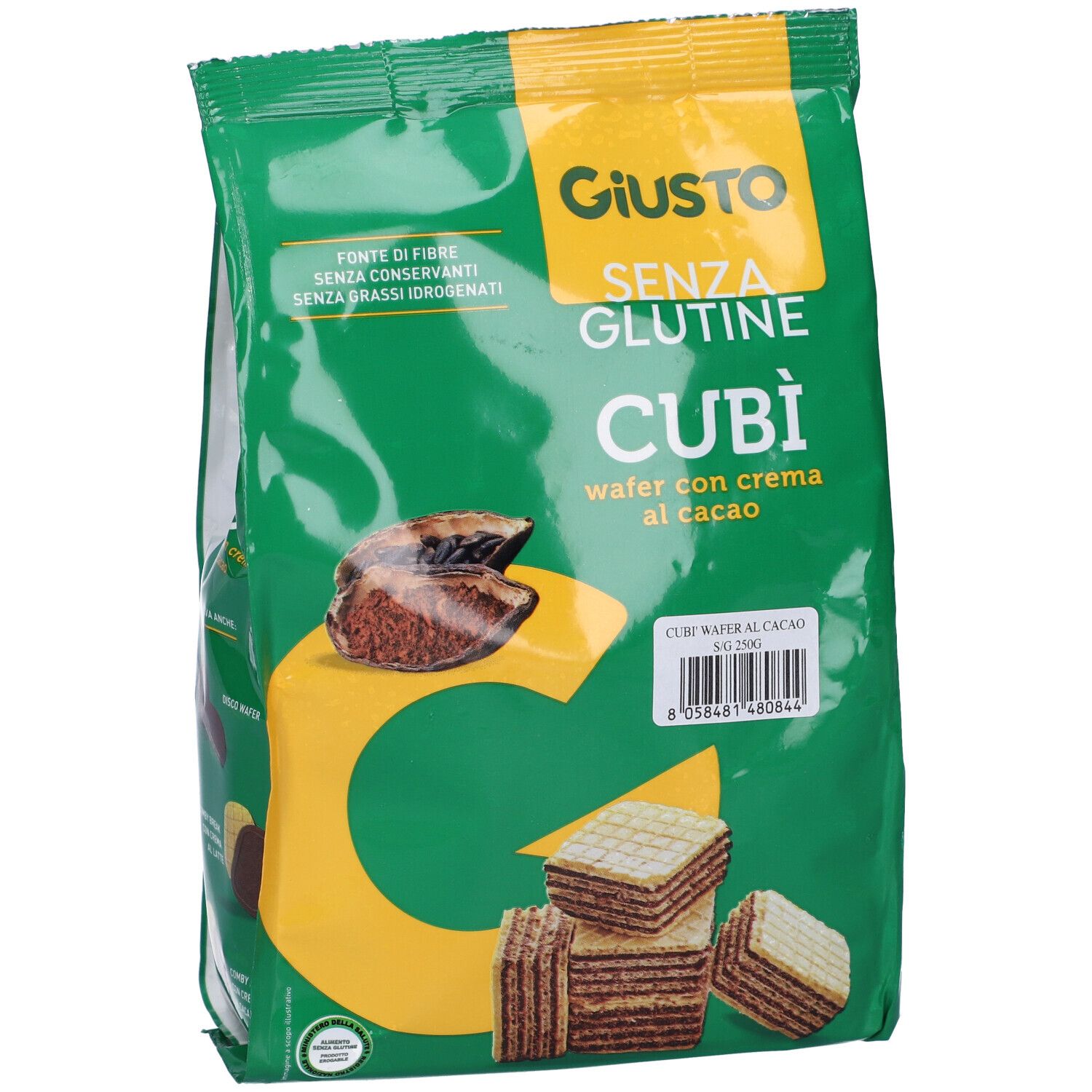 Confezione verde Giusto Senza Glutine Cubi' Wafer Cacao. Mostra wafer e immagine del prodotto. Testo: 'SENZA GLUTINE'.