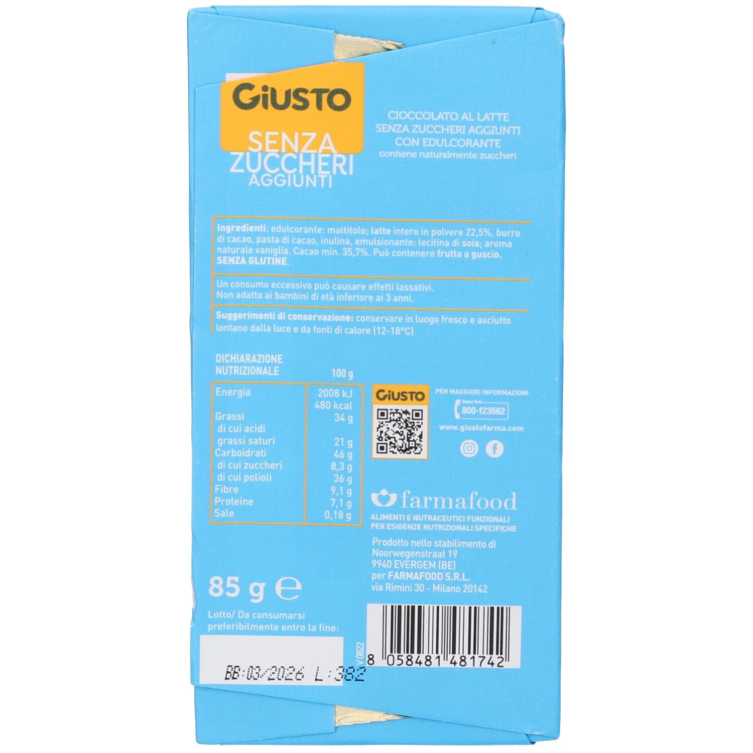 Giusto Senza Zucchero Tavoletta Cioccolato Latte 85 G