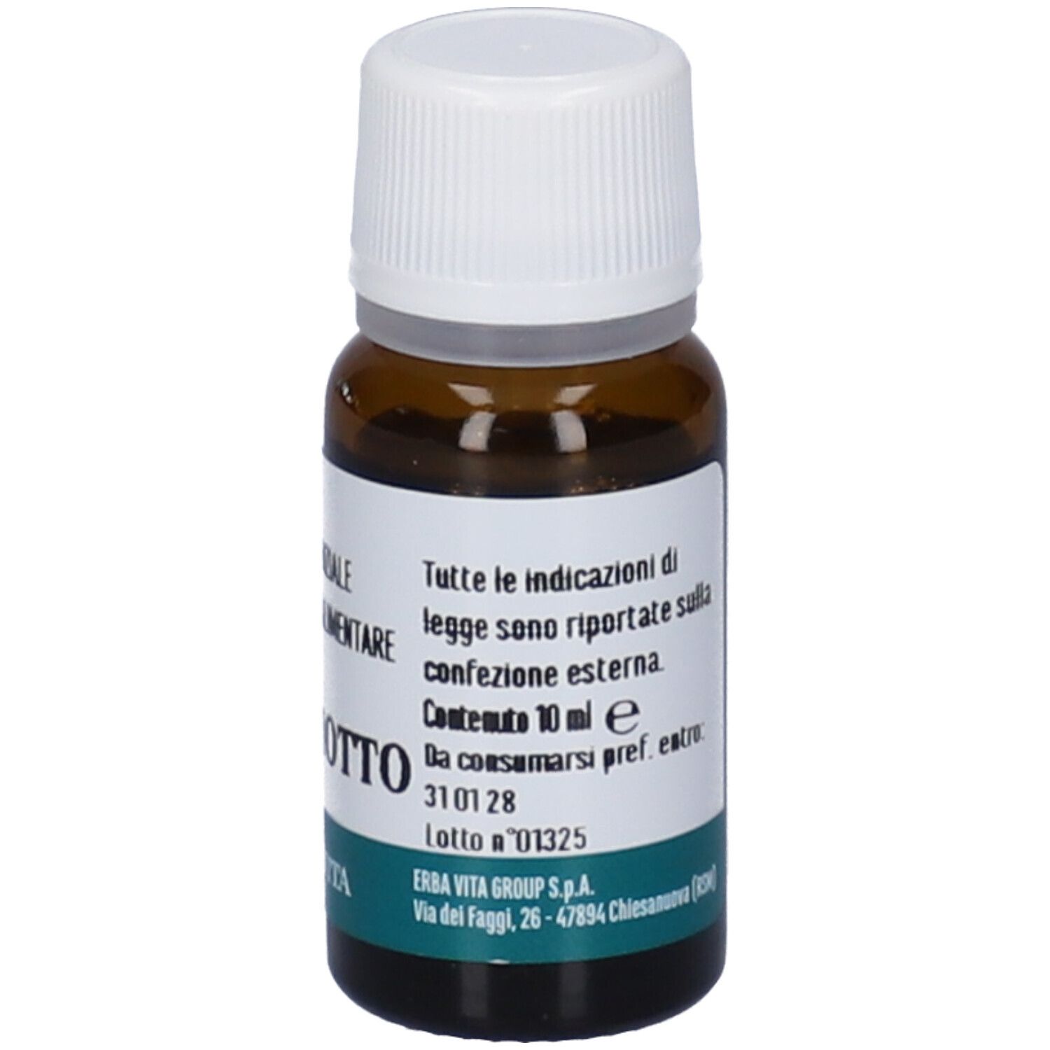 Flacone in vetro marrone con tappo bianco. Etichetta con testo: Contenuto 10 ml e. Erba Vita. Etichetta verde e bianca.