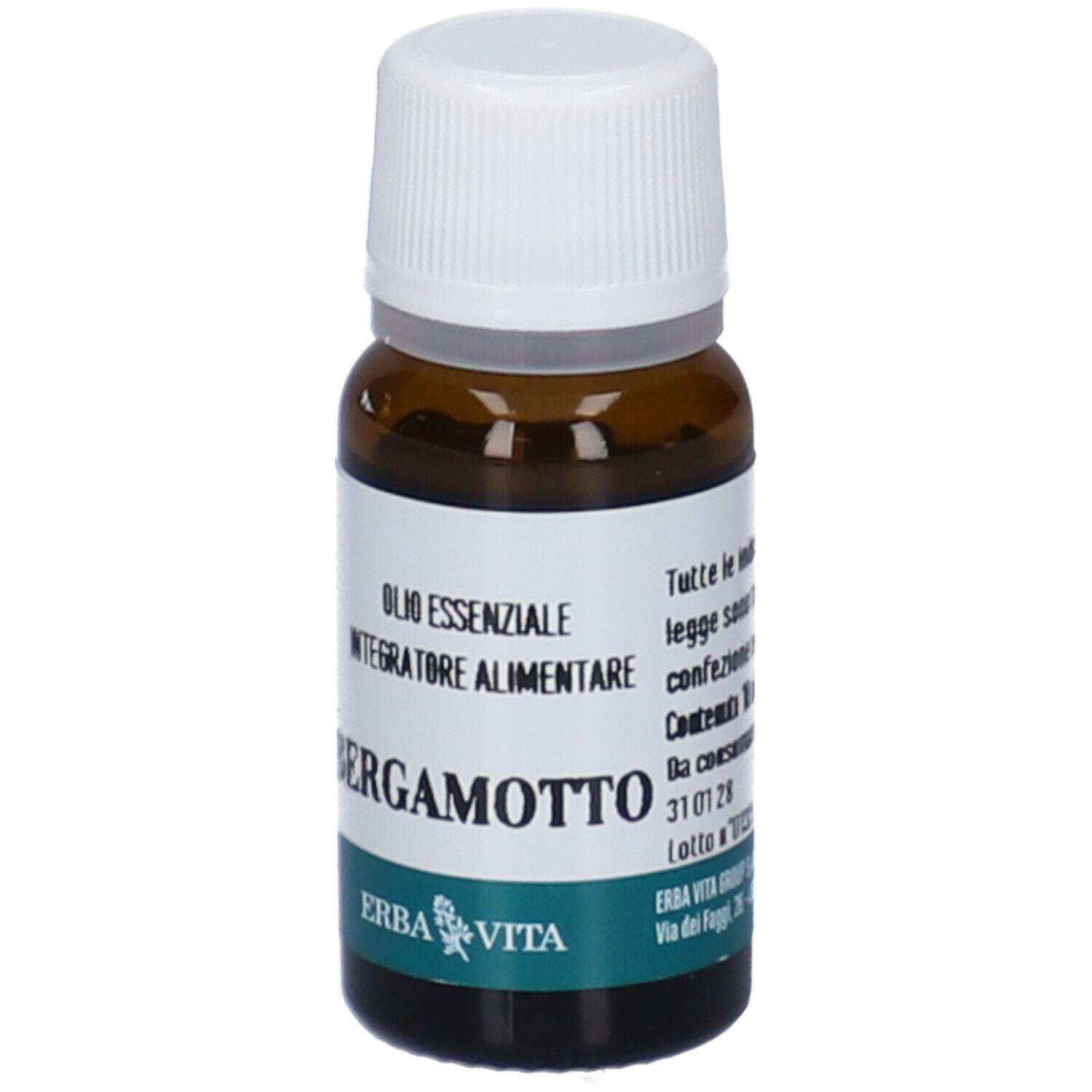 Flacone in vetro marrone con tappo bianco. Etichetta con testo: Olio Essenziale, Bergamotto, Erba Vita. Etichetta verde e bianca.