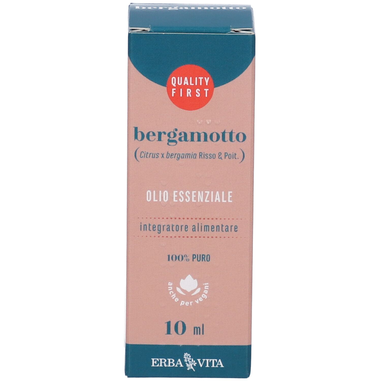 Confezione in cartone. Testo: Bergamotto, Olio Essenziale, 10 ml. Logo: Quality First. Colori rosa e blu.