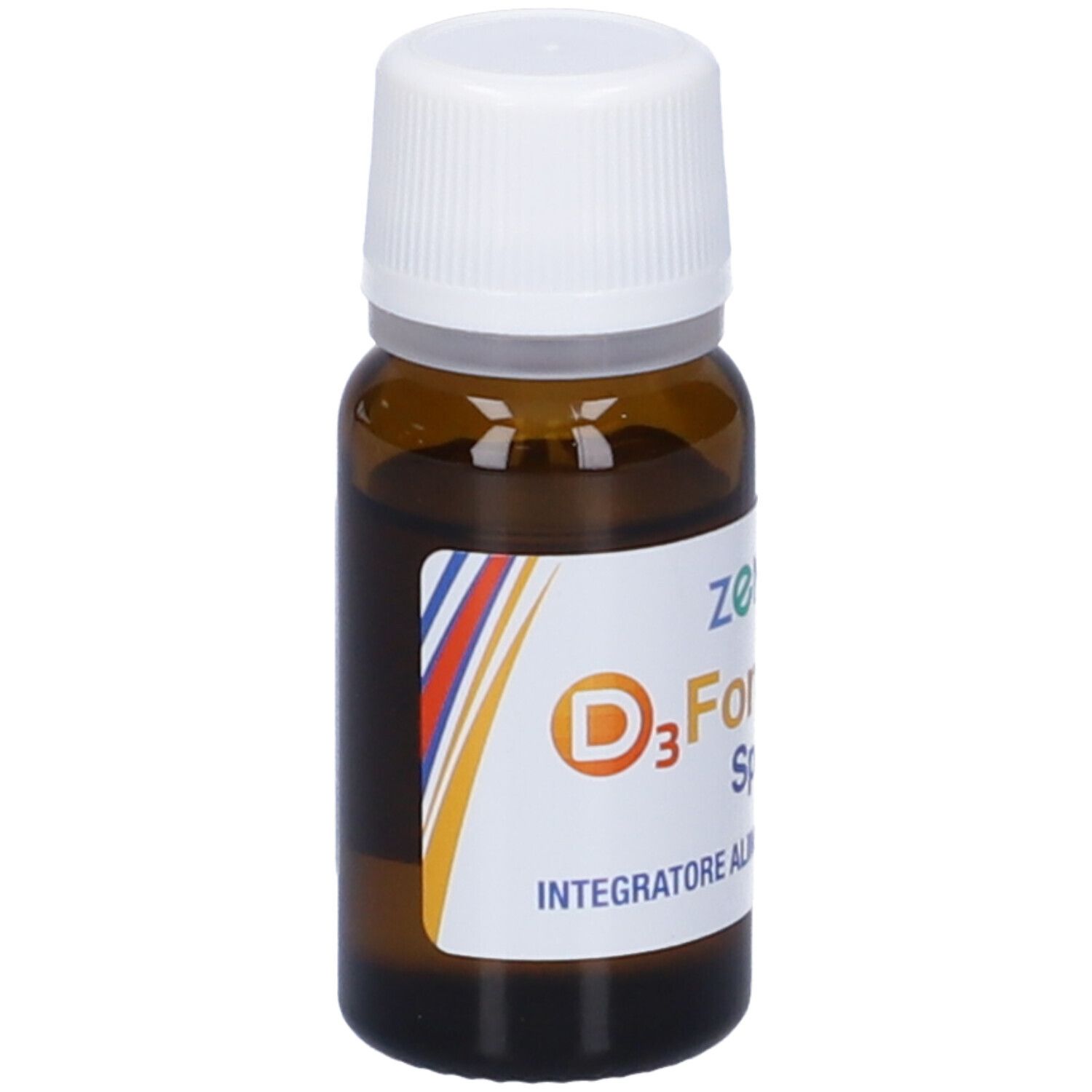 Flacone di vetro marrone con tappo bianco. Etichetta con "Zentiva", "D3 Force Spray" e strisce colorate.