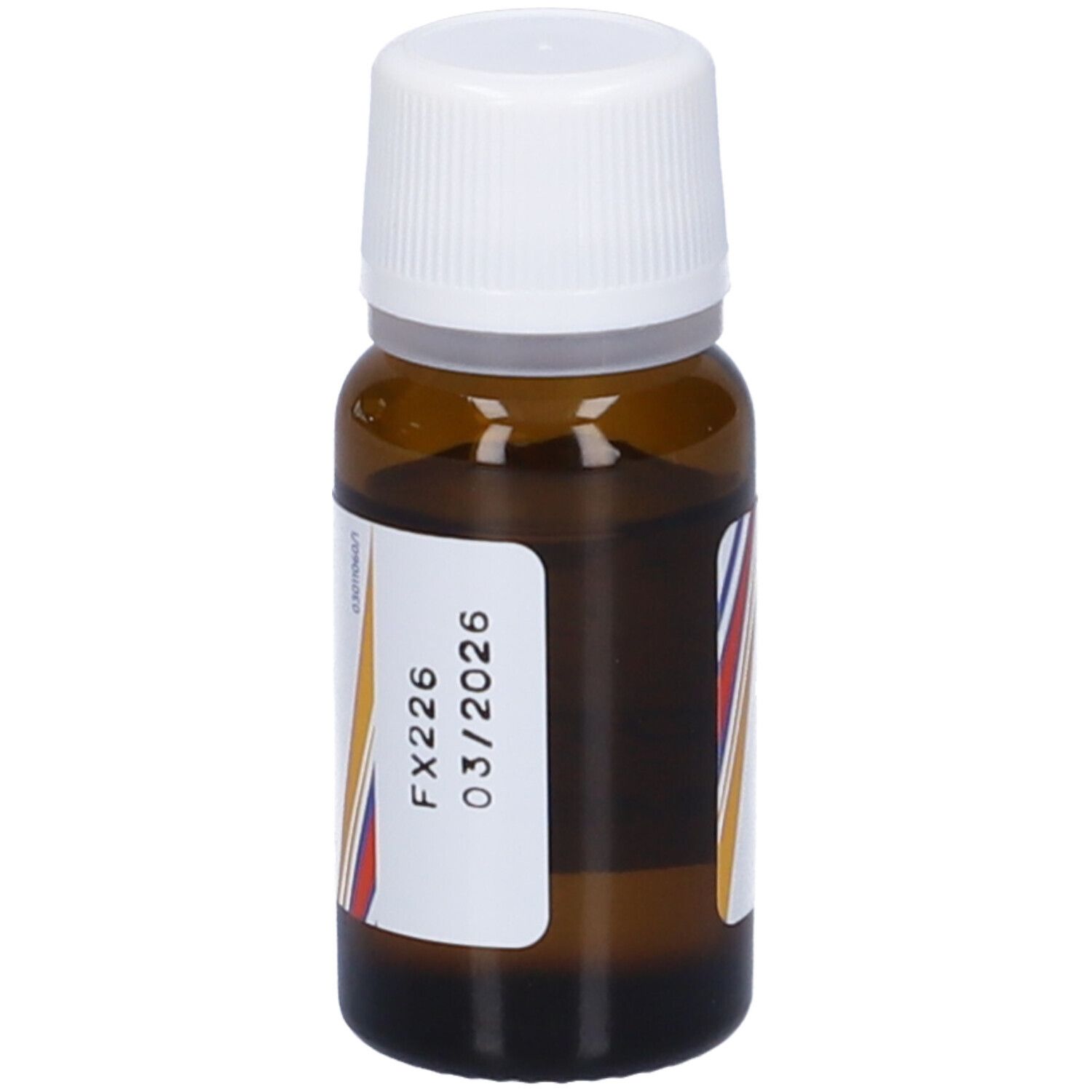 Flacone di vetro marrone con tappo bianco. Etichetta con data di scadenza "03/2026" e codice "FX226".