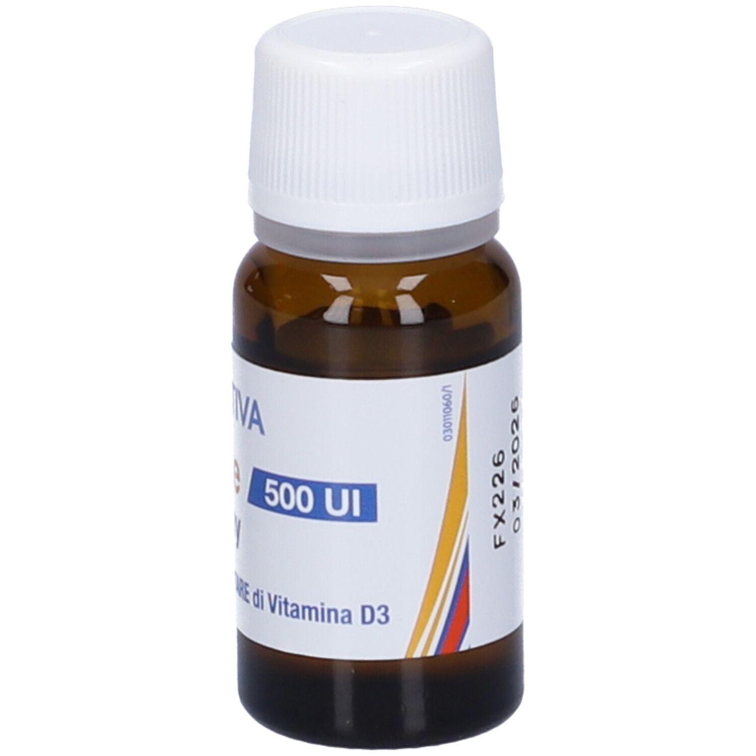 Flacone di vetro marrone con tappo bianco. Etichetta con "Zentiva", "D3 Force Spray", "500 UI" e data di scadenza.