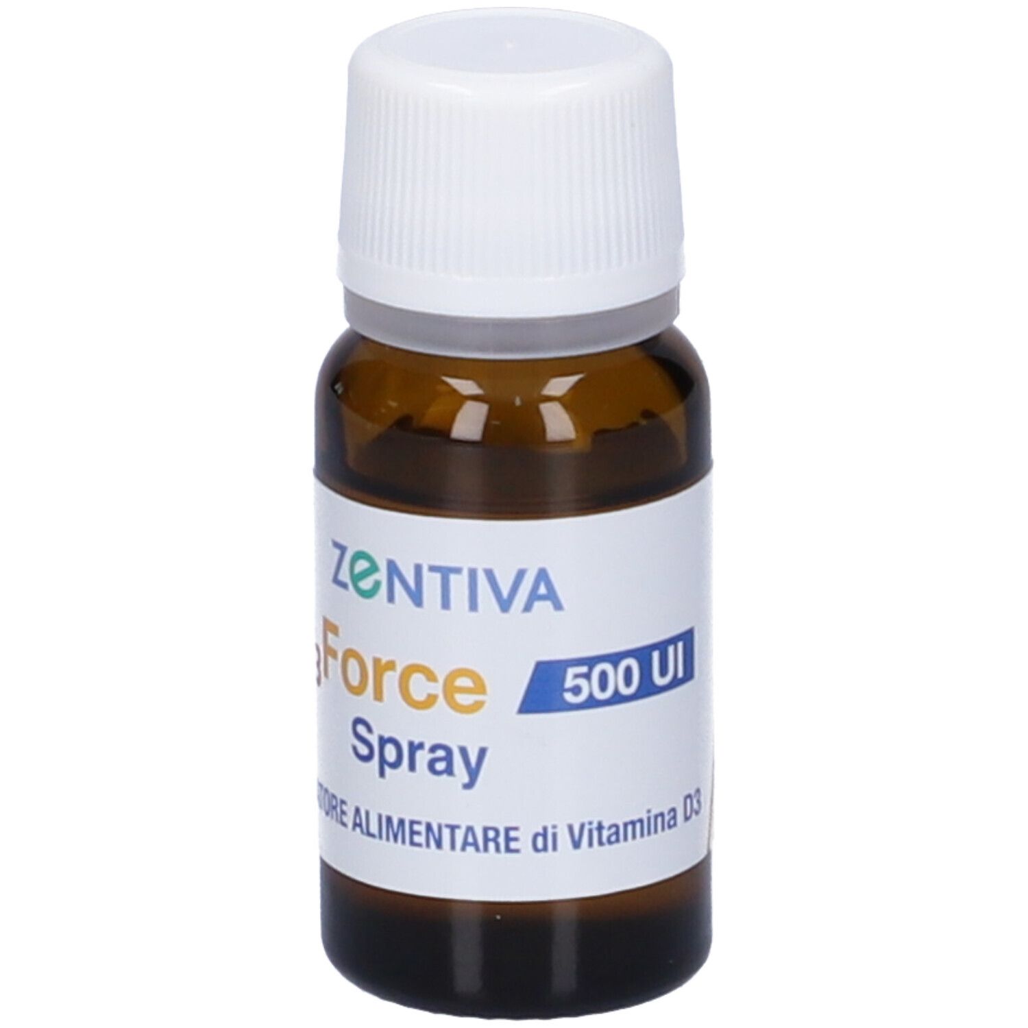 Flacone di vetro marrone con tappo bianco. Etichetta con "Zentiva", "D3 Force Spray" e "500 UI".