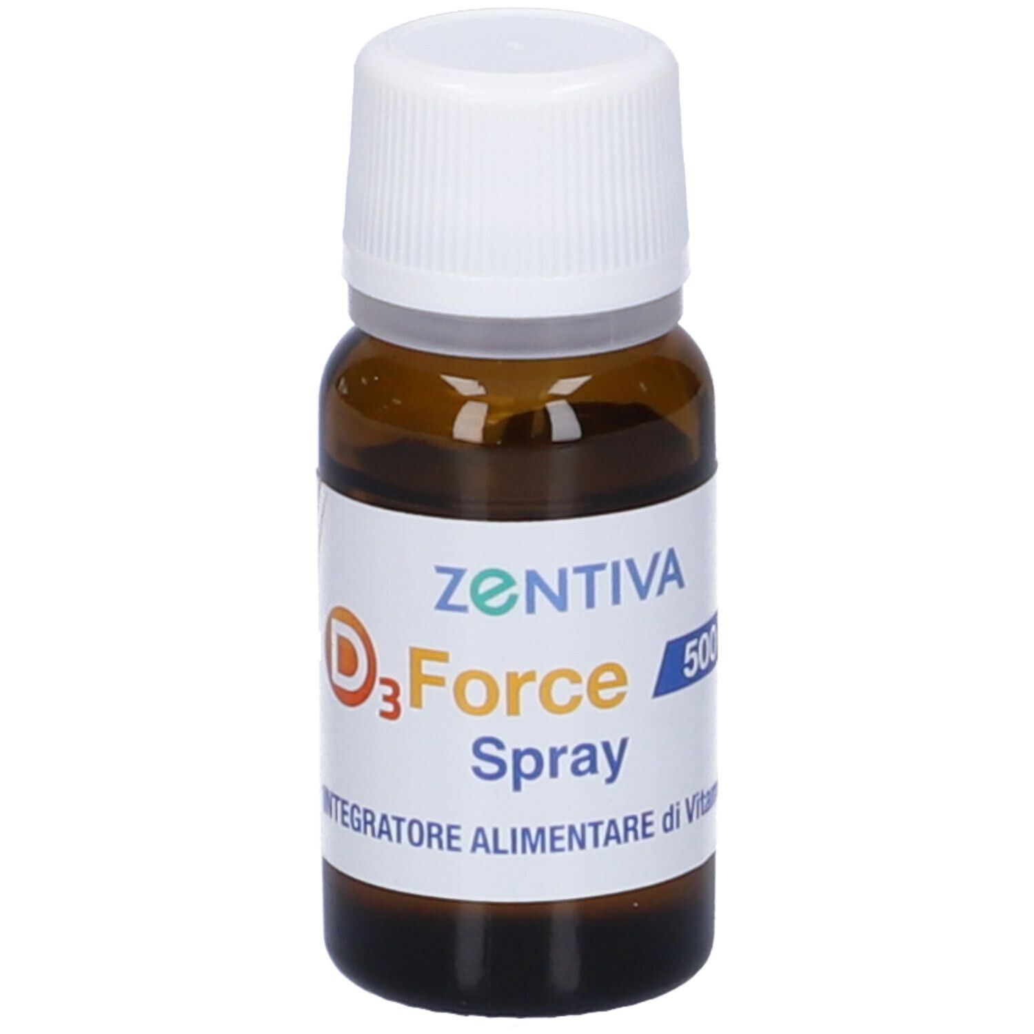 Flacone di vetro marrone con tappo bianco. Etichetta con "Zentiva", "D3 Force Spray" e "500 UI".
