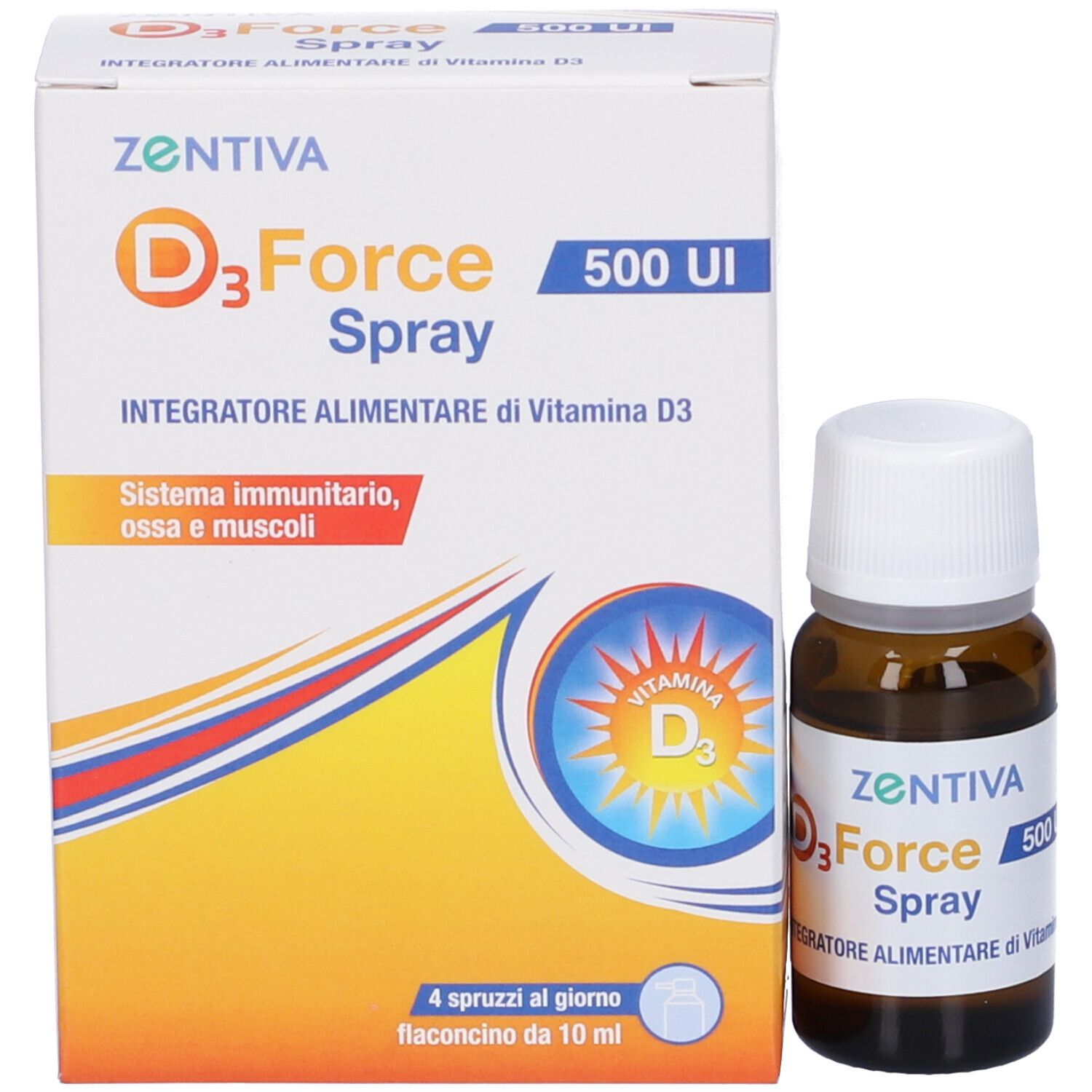 Confezione e flacone del prodotto. Scatola con "Zentiva", "D3 Force Spray" e immagine del flacone.