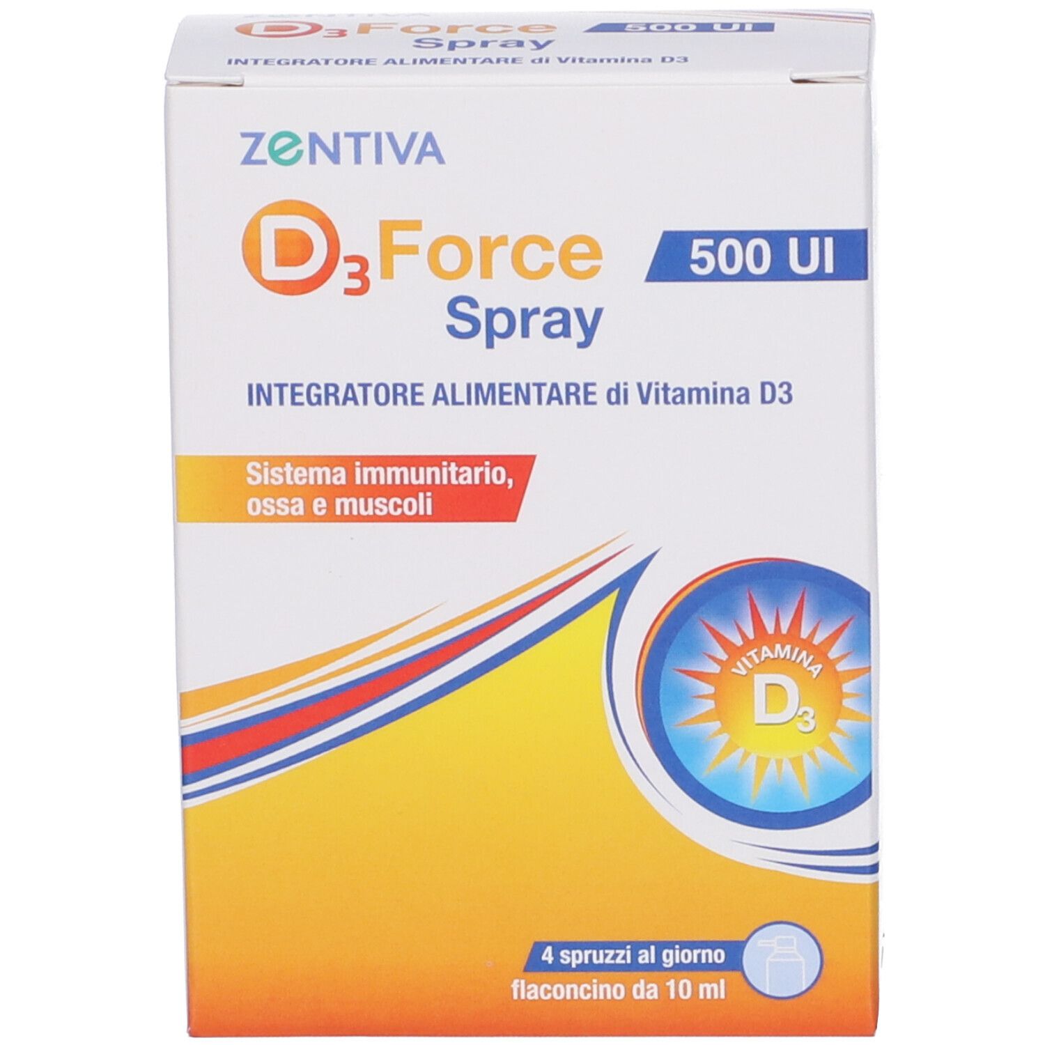 Confezione del prodotto. Scatola con "Zentiva", "D3 Force Spray" e informazioni sulla vitamina D3.