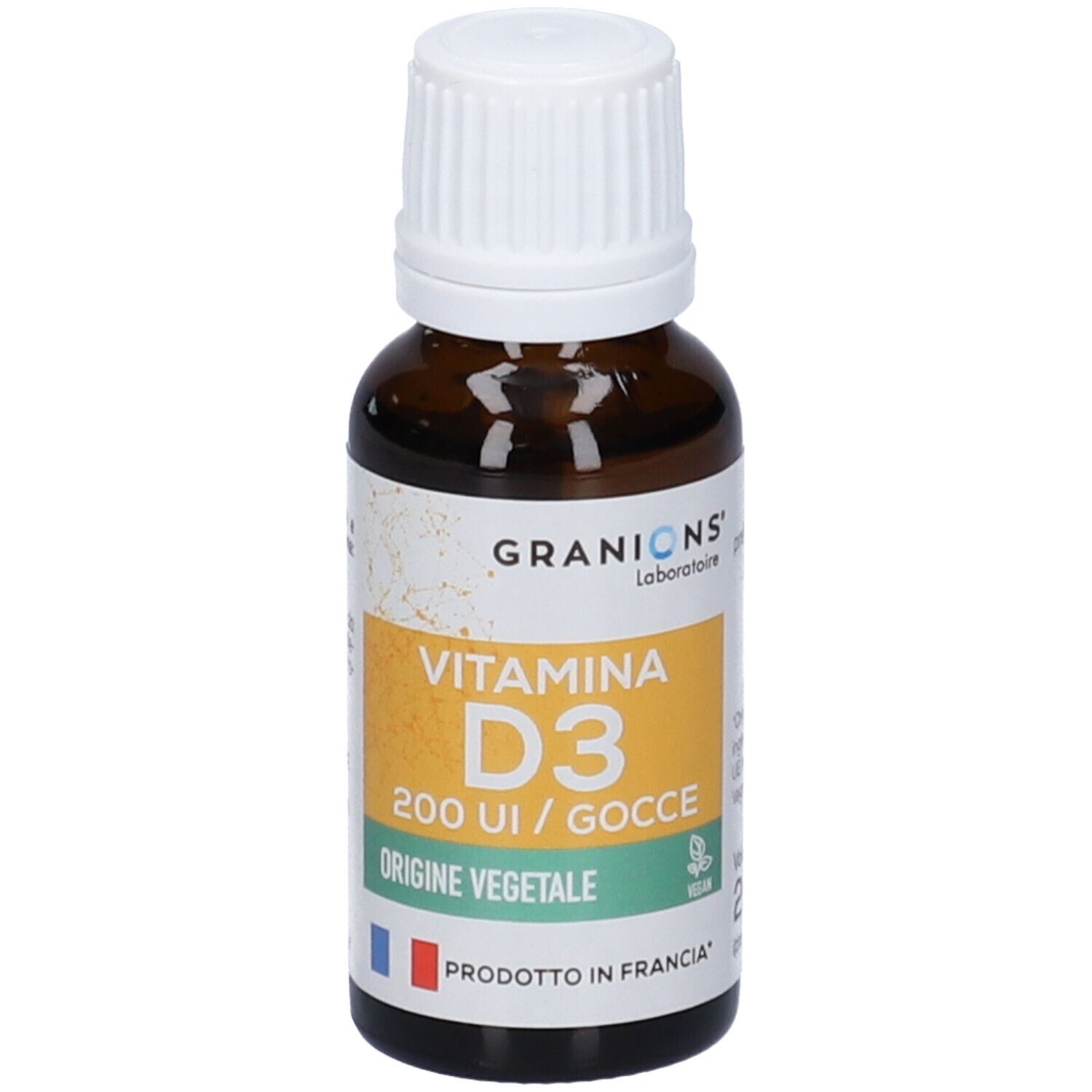 Flacone di vetro marrone con tappo bianco. Contiene Granions Vitamina D3 200 UI/Gocce. Prodotto in Francia.