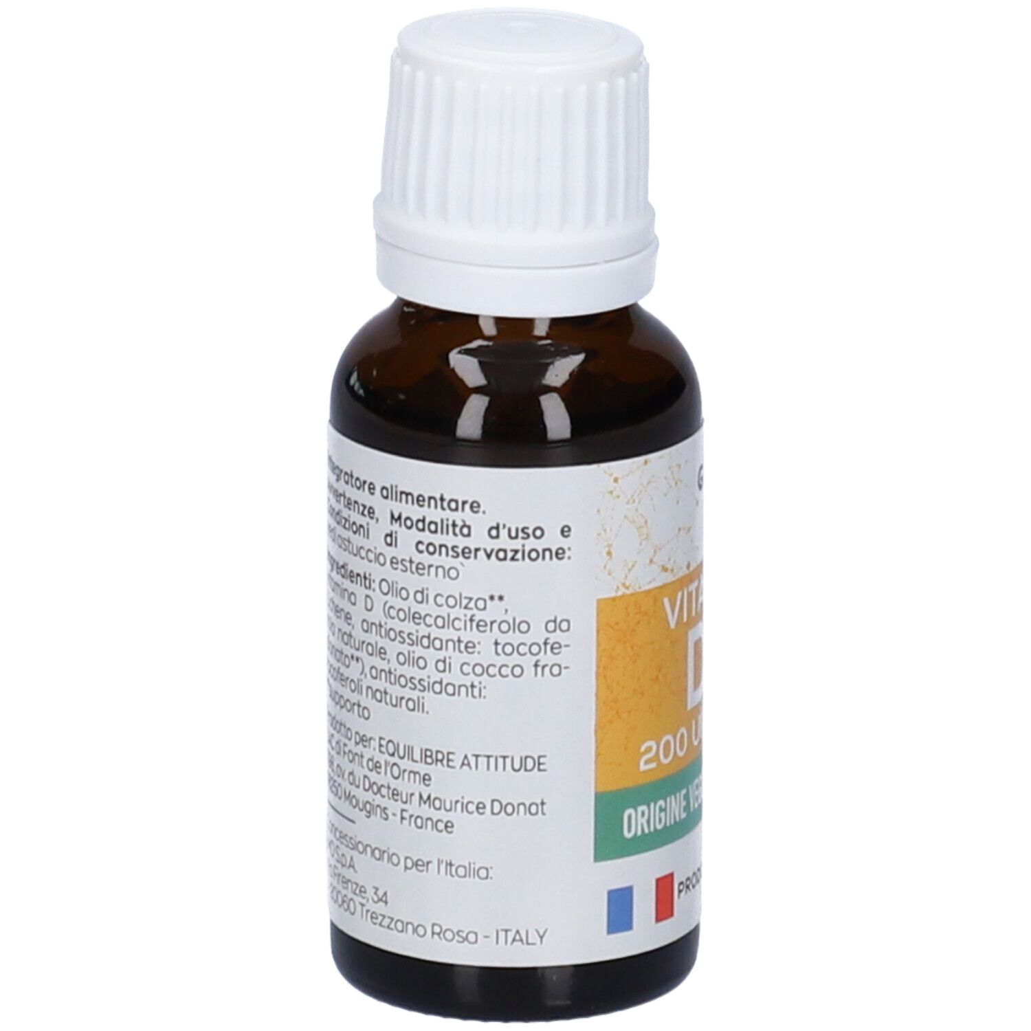Flacone di vetro marrone con tappo bianco. Etichetta con ingredienti e scadenza. Prodotto in Francia.