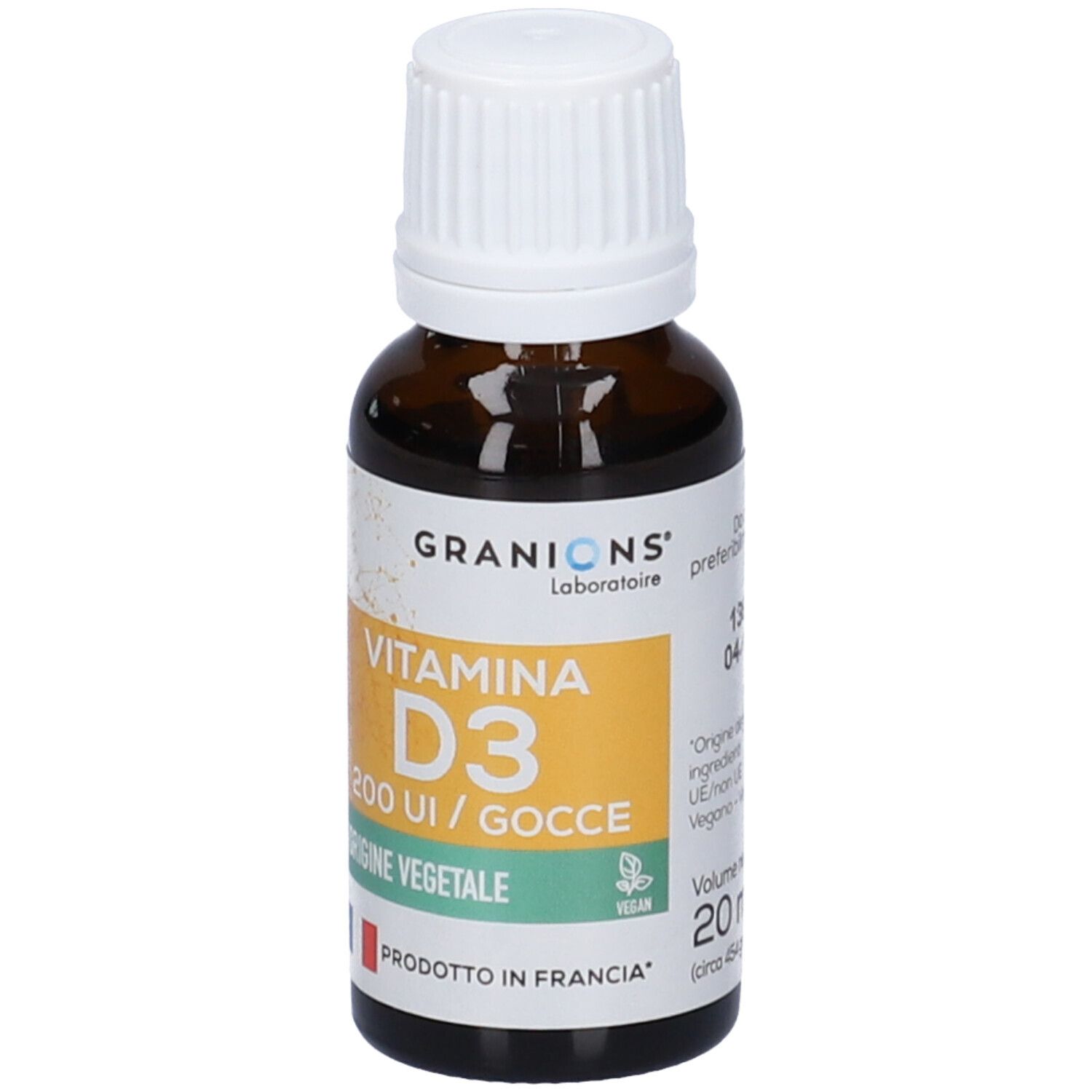 Flacone di vetro marrone con tappo bianco. Etichetta con Granions Vitamina D3 200 UI/Gocce. Prodotto in Francia.
