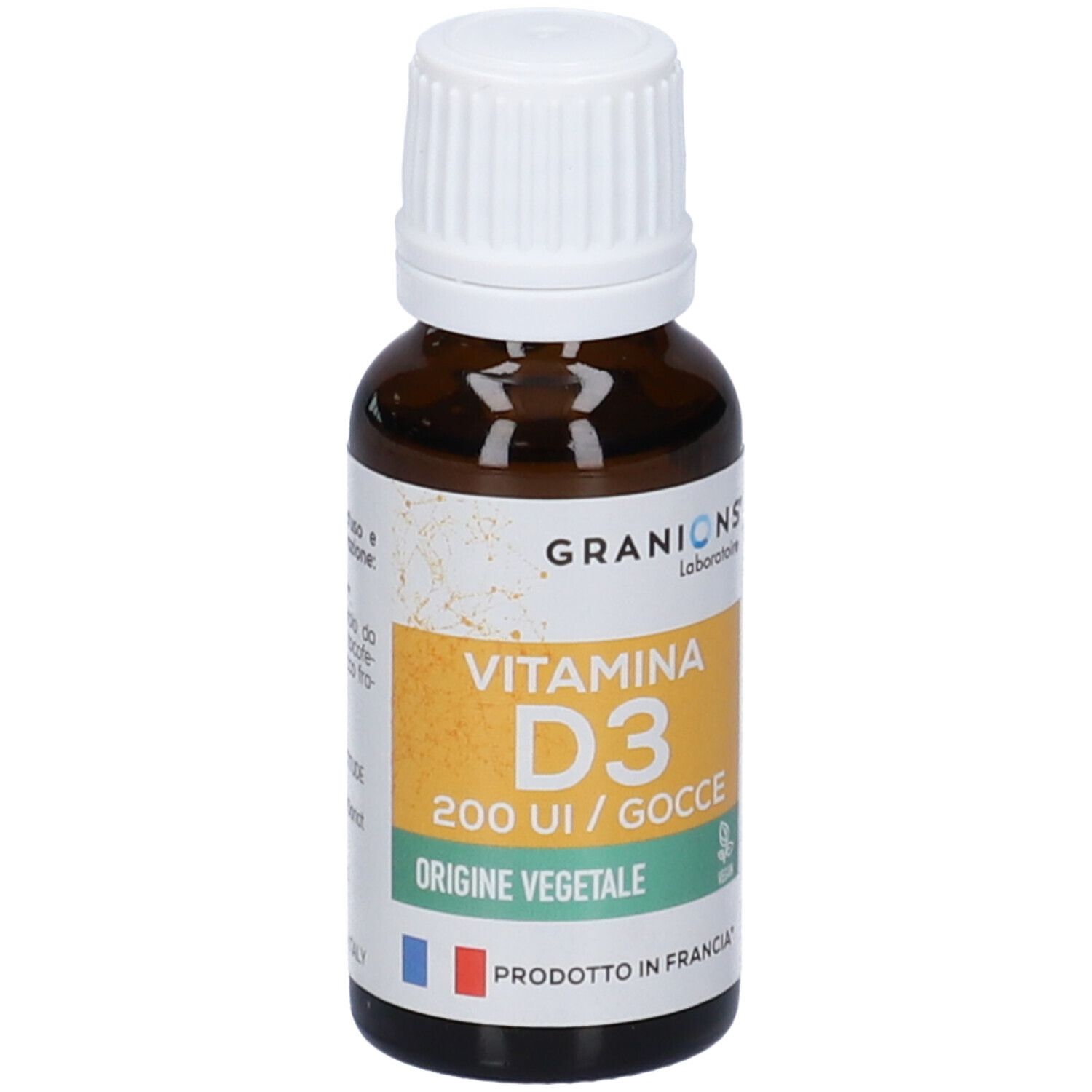 Flacone di vetro marrone con tappo bianco. Etichetta con Granions Vitamina D3 200 UI/Gocce. Prodotto in Francia.