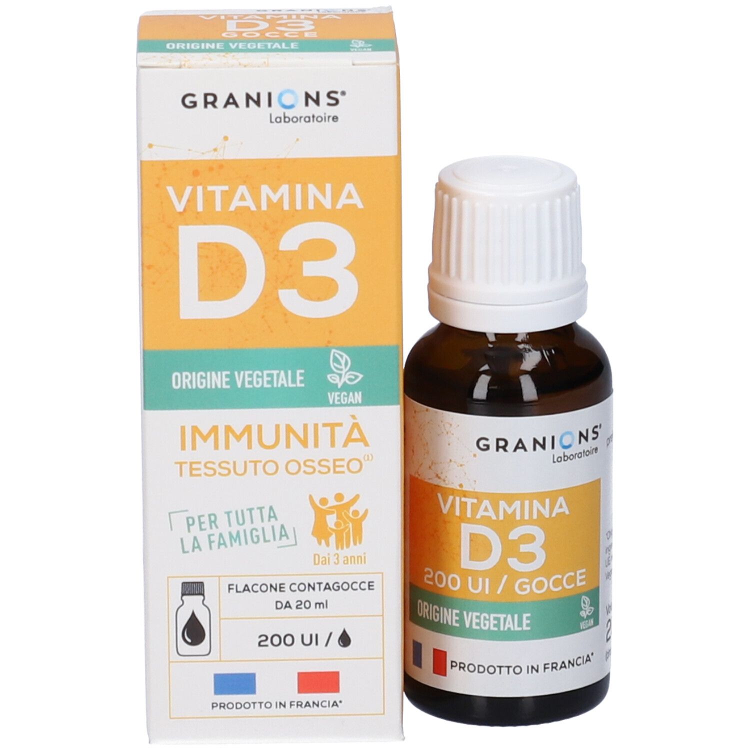 Granions Vitamina D3 Gocce, flacone e confezione. Contiene 200 UI/Gocce. Prodotto in Francia.