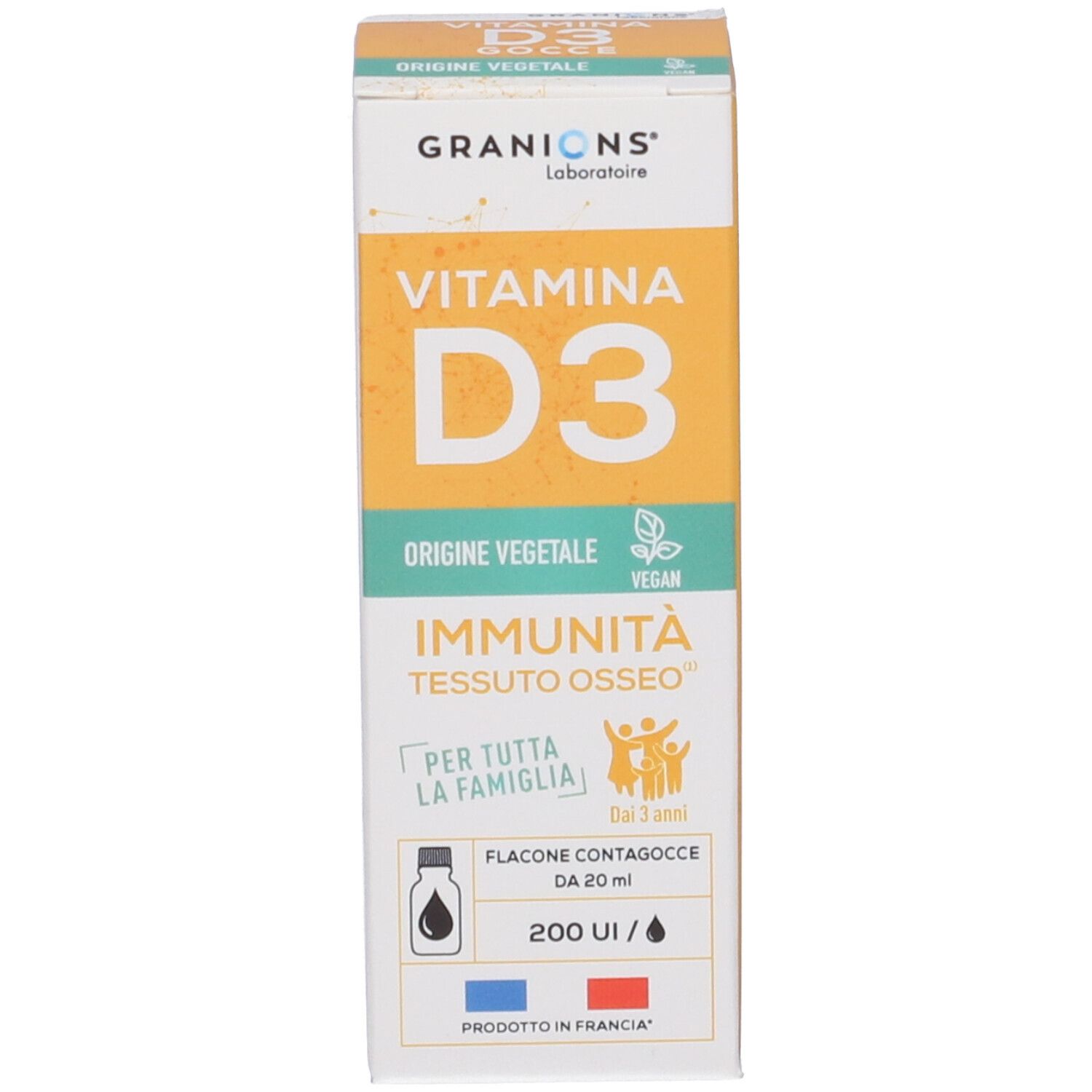 Confezione di Granions Vitamina D3 Gocce. Contiene 200 UI/Gocce. Prodotto in Francia.