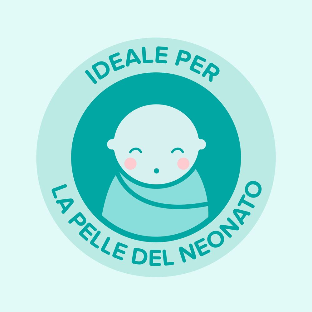 Adesivo rotondo con illustrazione di bambino e testo: Ideale per la pelle del neonato.