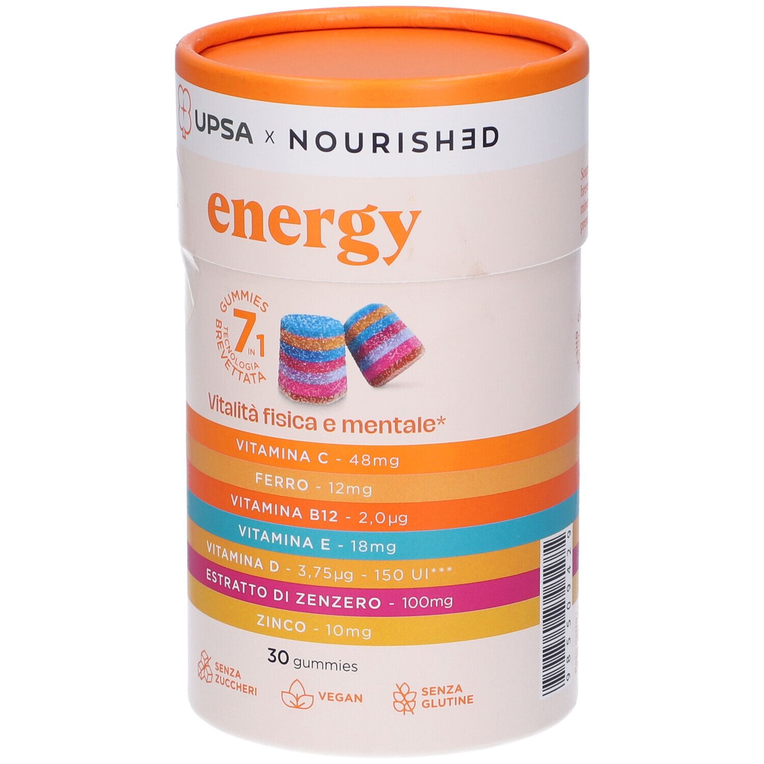 Confezione cilindrica con scritta 'energy'. Contiene 30 caramelle gommose. Contiene vitamine e minerali. Vegano e senza glutine.