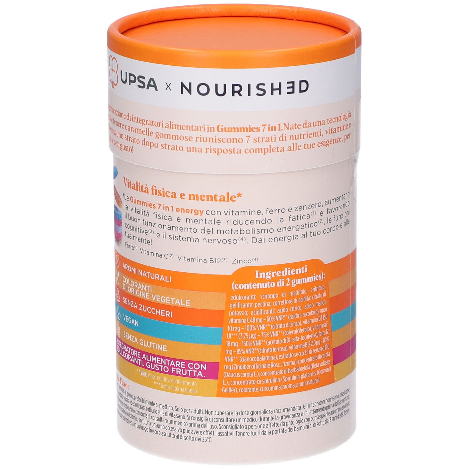 Confezione cilindrica con testo. Contiene informazioni sugli ingredienti e i valori nutrizionali. Vegano e senza glutine.