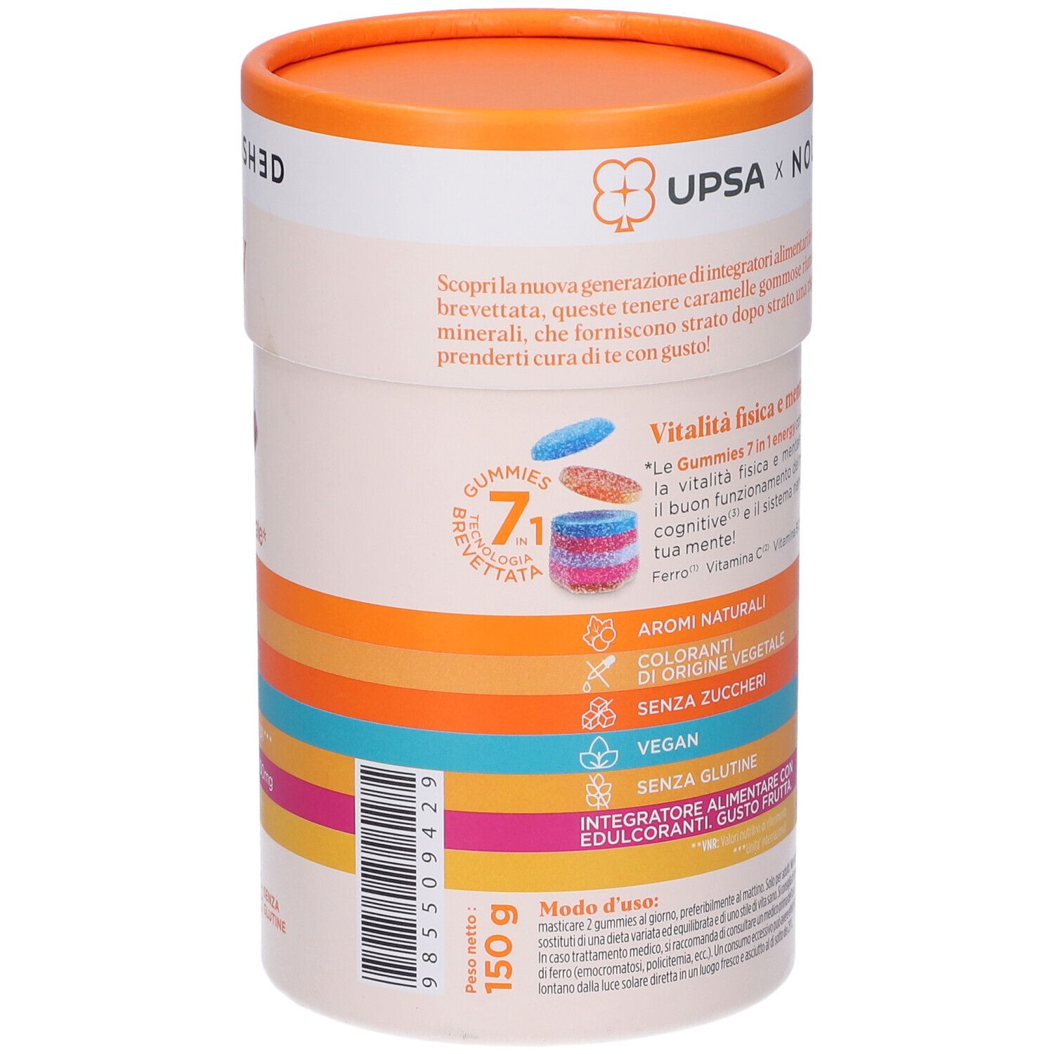 Confezione cilindrica con testo e immagine del prodotto. Contiene 150g. Vegano e senza glutine.