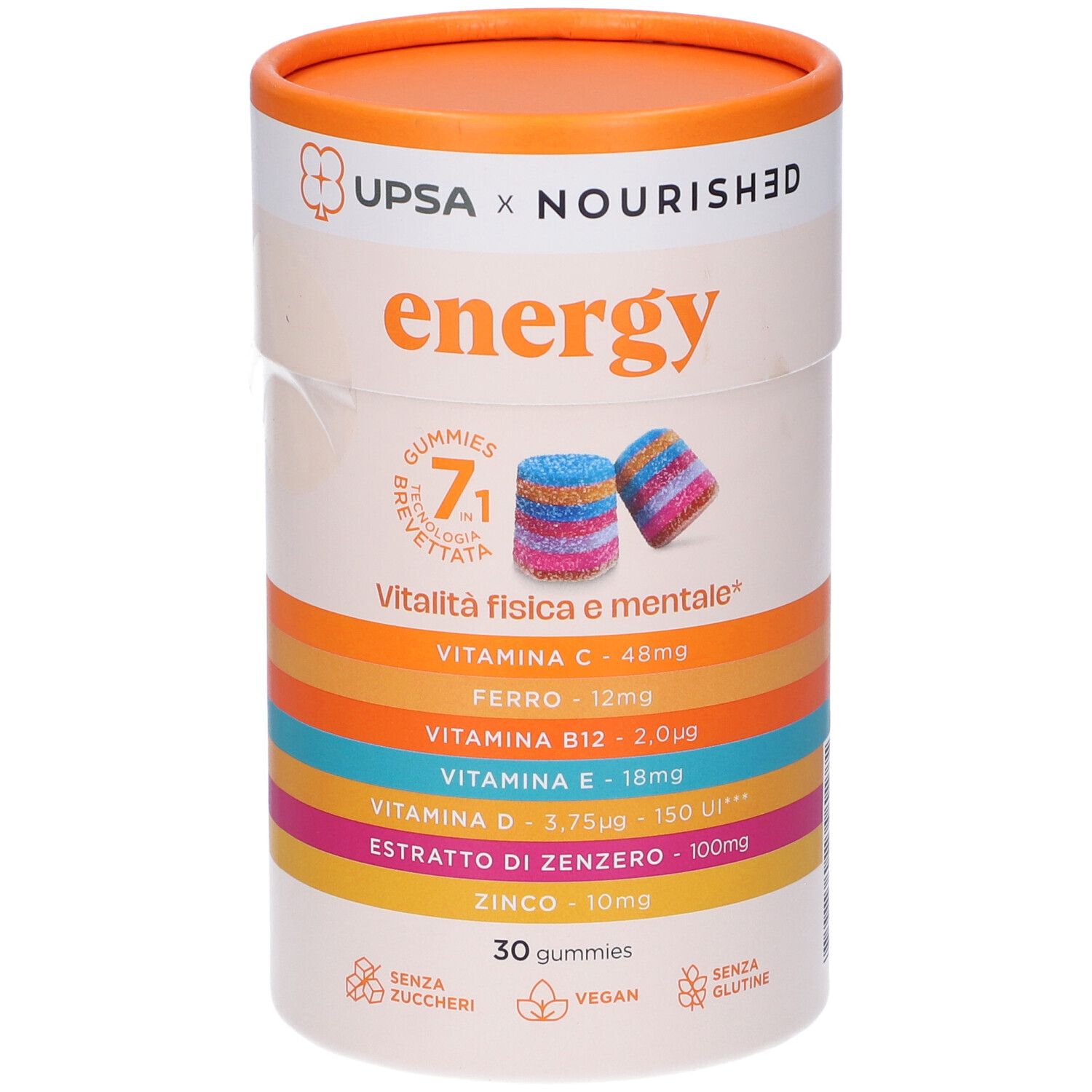 Confezione cilindrica con scritta 'energy'. Contiene 30 caramelle gommose. Contiene vitamine e minerali. Vegano e senza glutine.