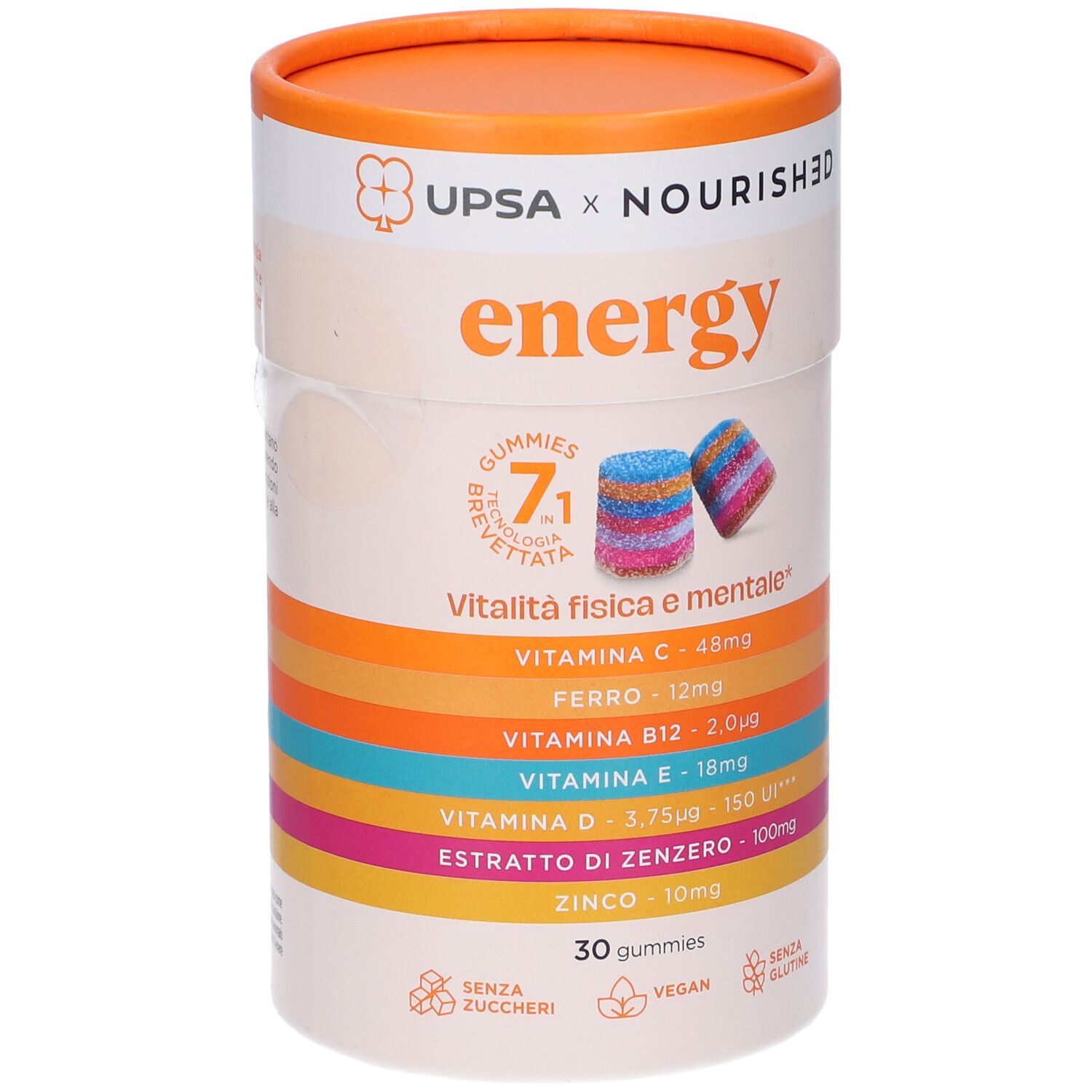Confezione cilindrica con scritta 'energy'. Contiene 30 caramelle gommose. Contiene vitamine e minerali. Vegano e senza glutine.