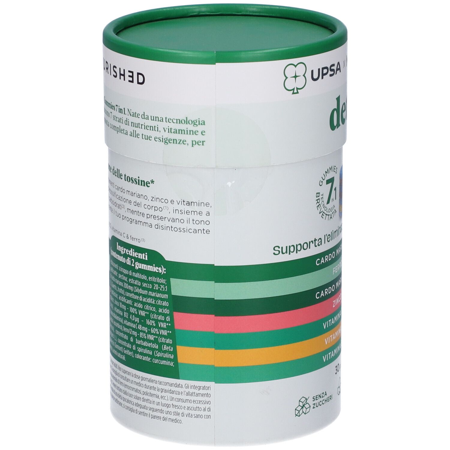 Retro della confezione 'Upsa x Nourished Detox'. Testo su ingredienti e valori nutrizionali. Verde, bianco, rosa, giallo.