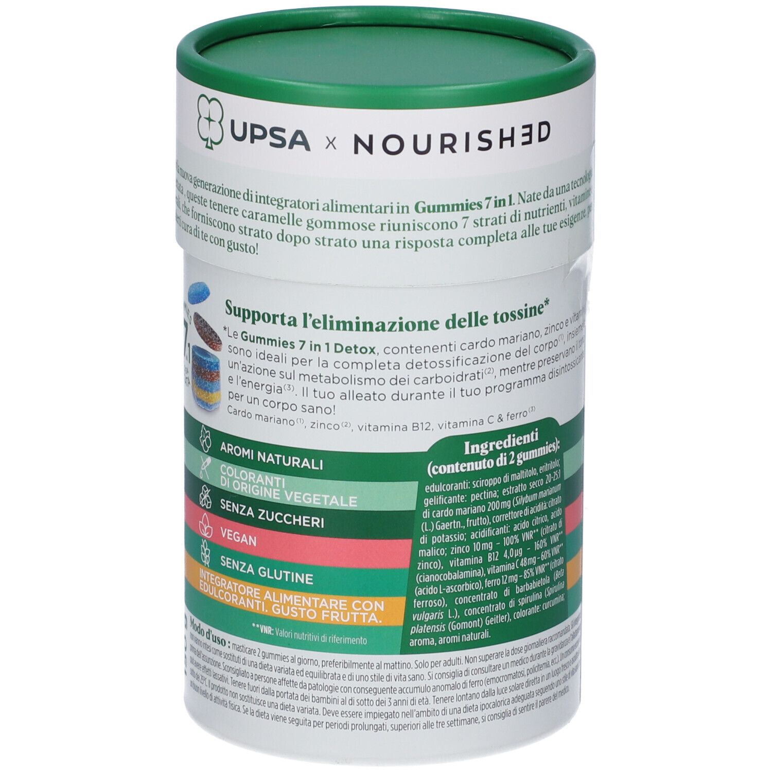 Confezione 'Upsa x Nourished Detox' con informazioni. Contiene aromi, senza zucchero, vegano, senza glutine.
