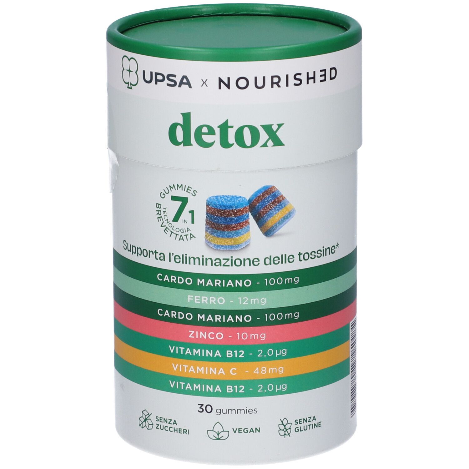 Confezione cilindrica 'Upsa x Nourished Detox' con 30 caramelle gommose. Contiene cardo mariano, ferro, zinco, vitamine.