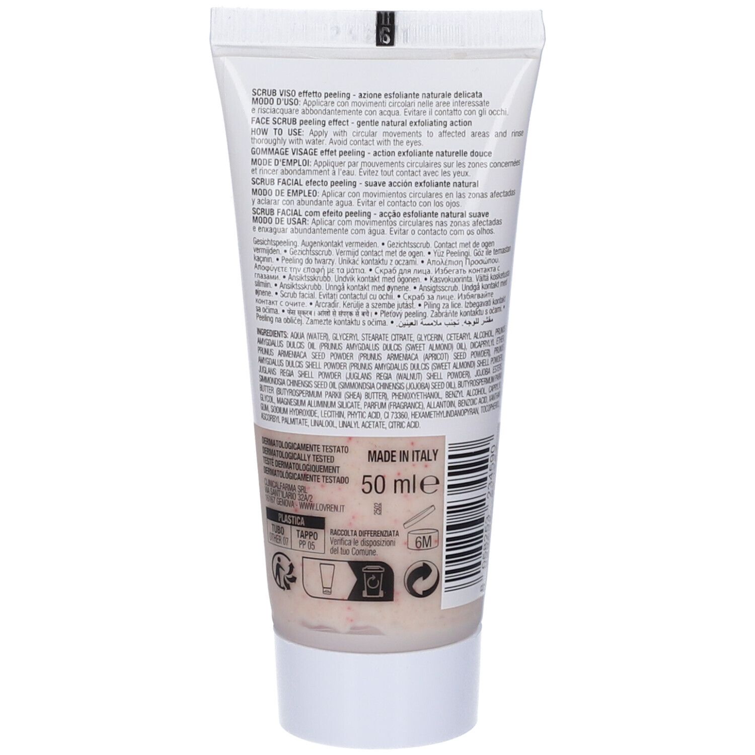 Retro del tubo. Testo multilingue. Contenuto del prodotto visibile. Scritta: 50 ml.