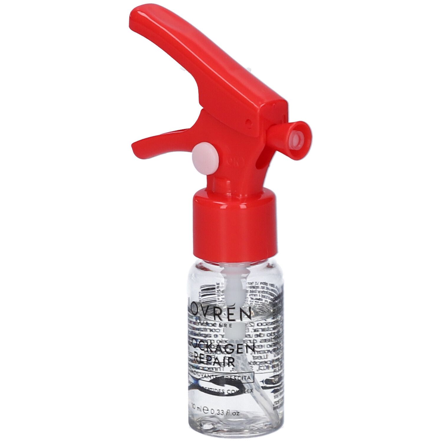 Flacone trasparente con erogatore rosso. Scritta: LOVREN, BLOCKAGEN REPAIR, Coadiuvante Crescita. 10 ml.