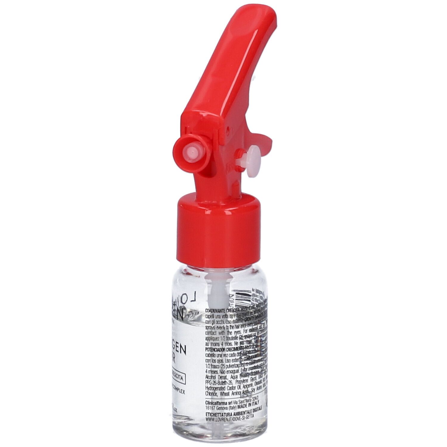 Flacone trasparente con erogatore rosso. Scritta: LOVREN, BLOCKAGEN REPAIR. 10 ml.