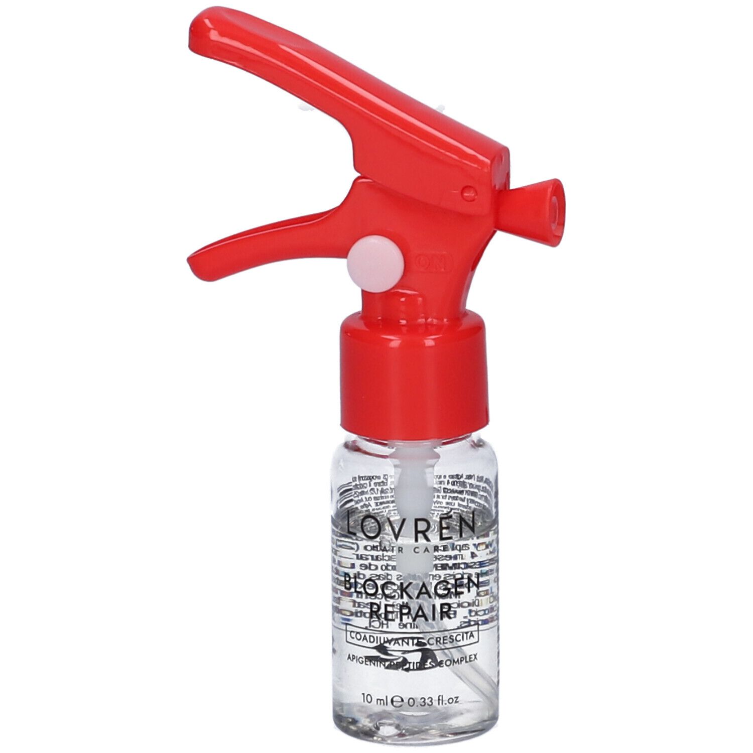 Flacone trasparente con erogatore rosso. Scritta: LOVREN, BLOCKAGEN REPAIR, Coadiuvante Crescita. 10 ml.