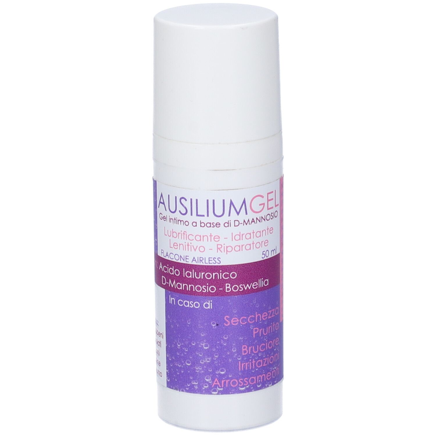Flacone cilindrico bianco con etichetta viola. Scritta: Ausilium Gel. Contiene acido ialuronico, D-mannosio e Boswellia. 50 ml.