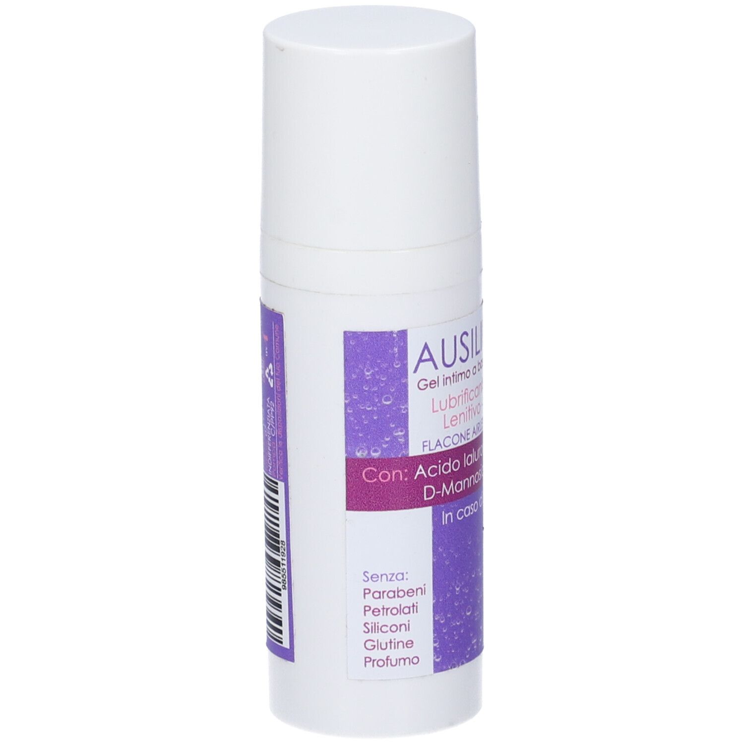 Flacone cilindrico bianco con etichetta viola. Scritta: Ausilium Gel. Senza parabeni, siliconi, glutine e profumo.