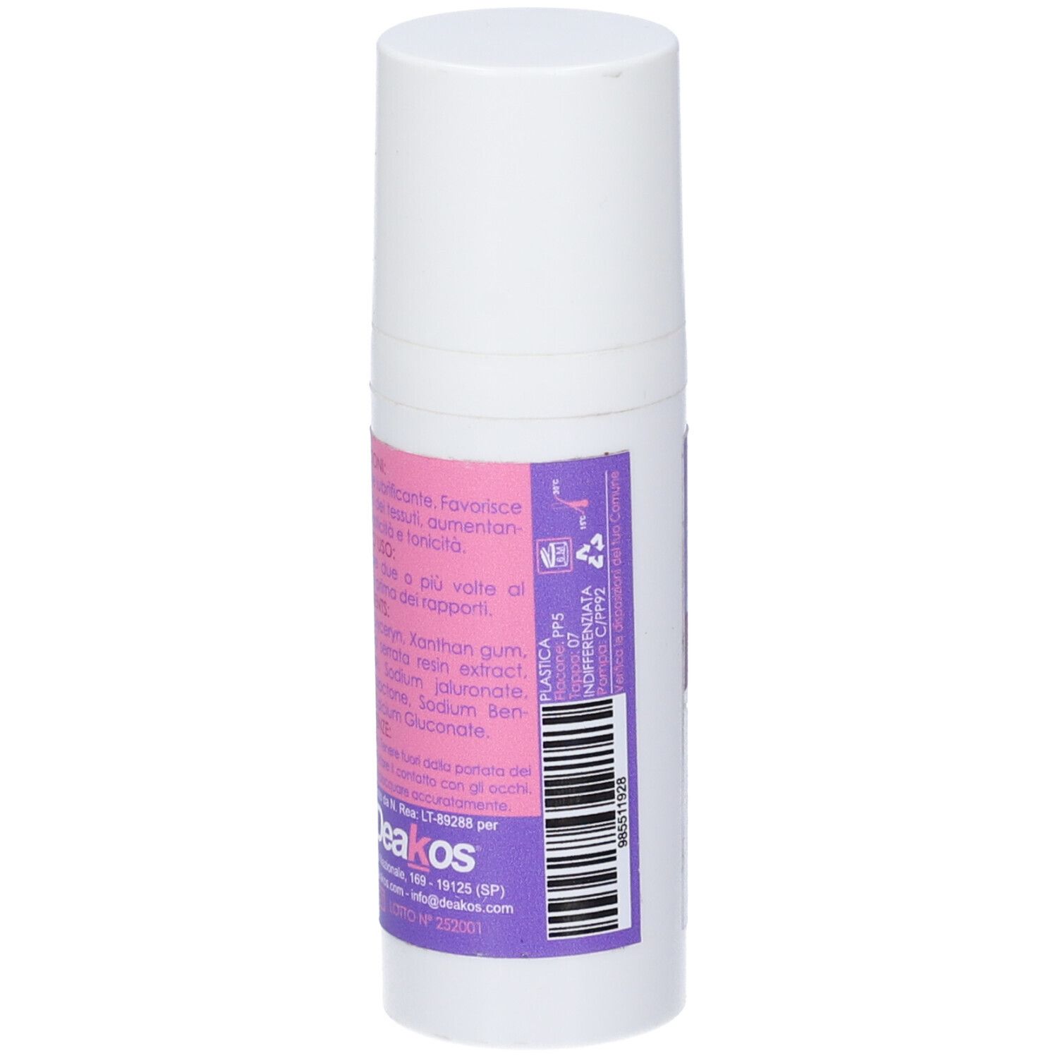 Flacone cilindrico bianco con etichetta. Scritta: Deakos. Contiene Xanthan Gum, Gluconato di sodio, Benzoato di sodio. Simbolo di riciclo.