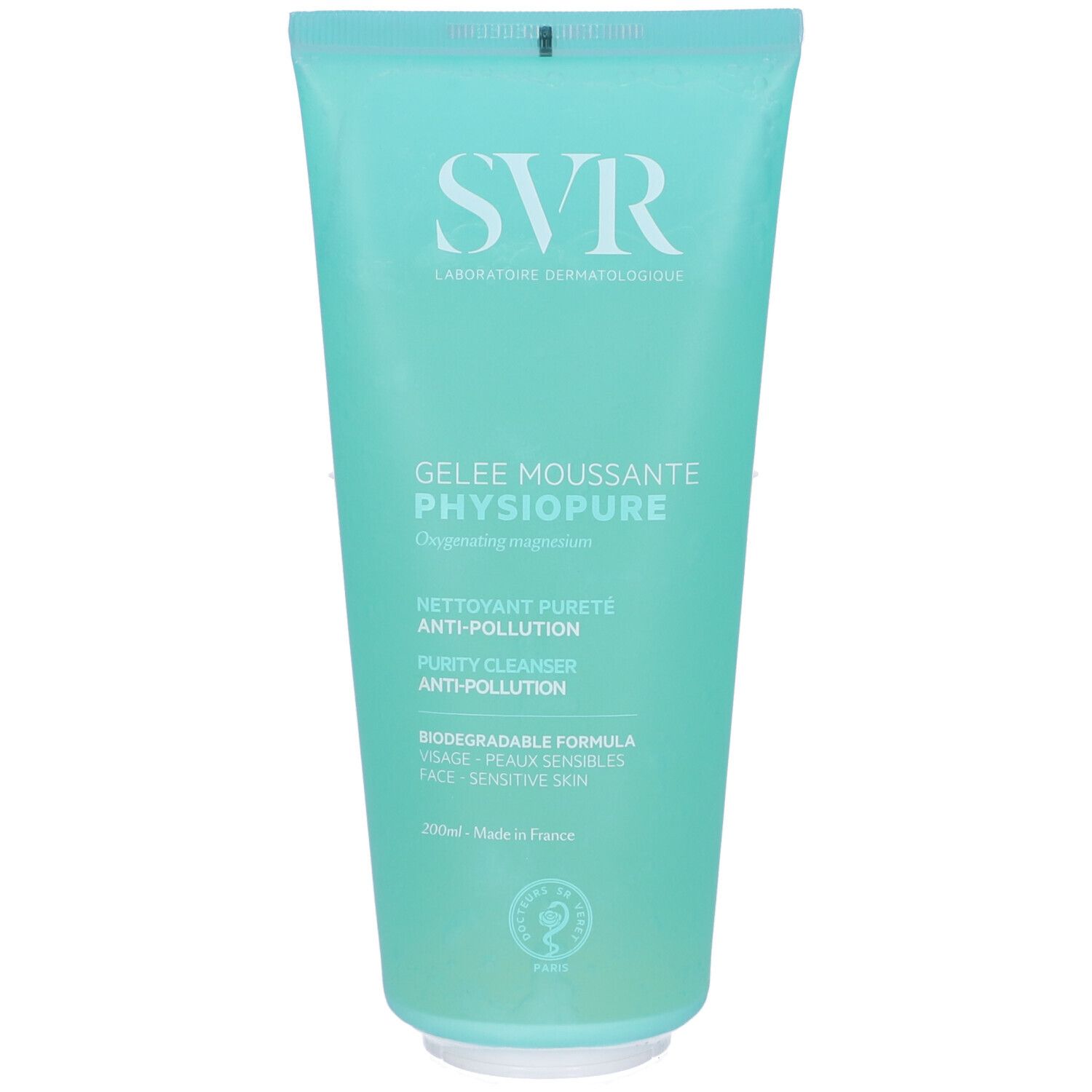 Tubo verde chiaro con testo bianco. Scritta: SVR, Gelee Moussante Physiopure, Anti-Pollution. Sigillo.