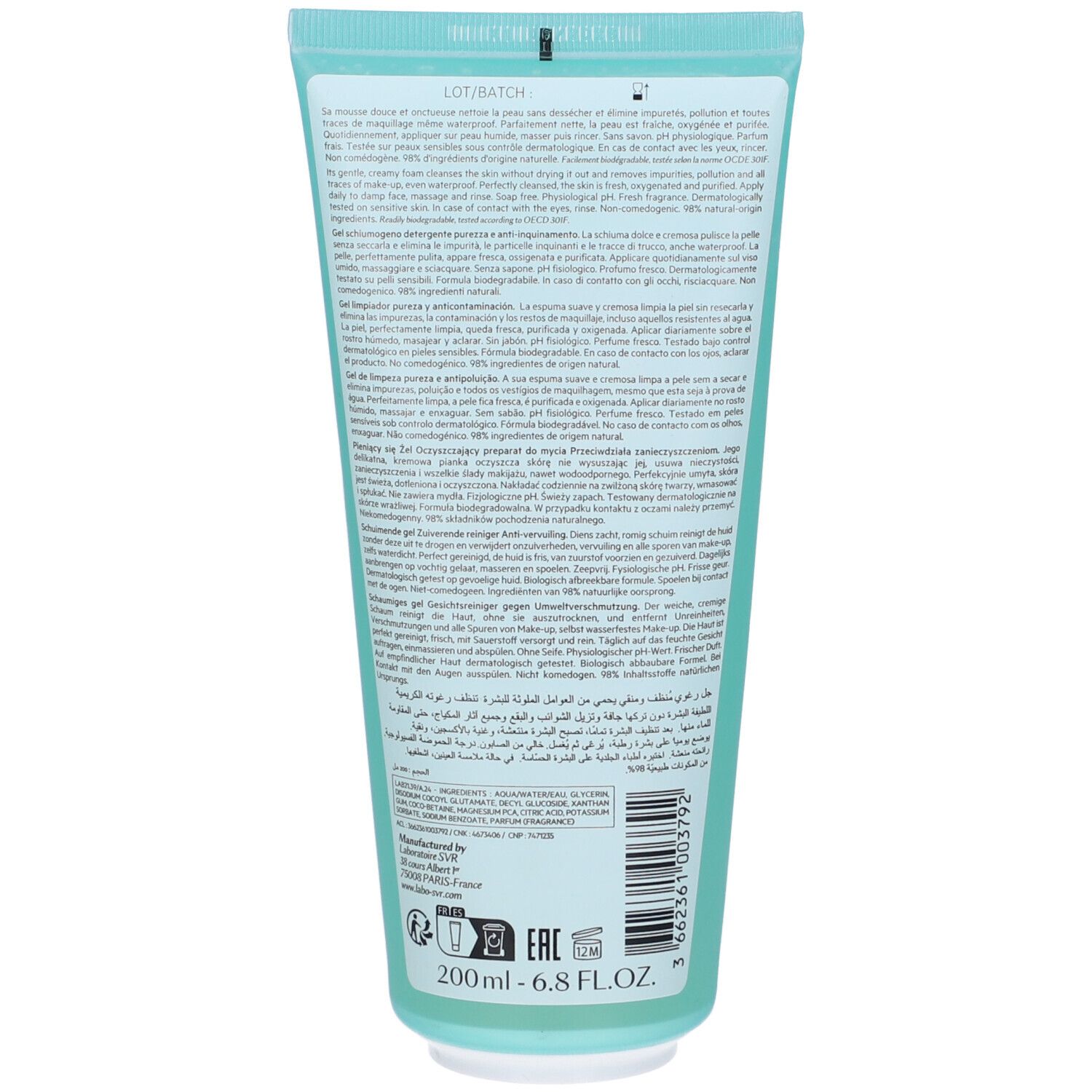 Retro di un tubo verde chiaro. Testo multilingue. In basso: 200ml, 6.8 FL.OZ. Sigillo. Codice a barre.