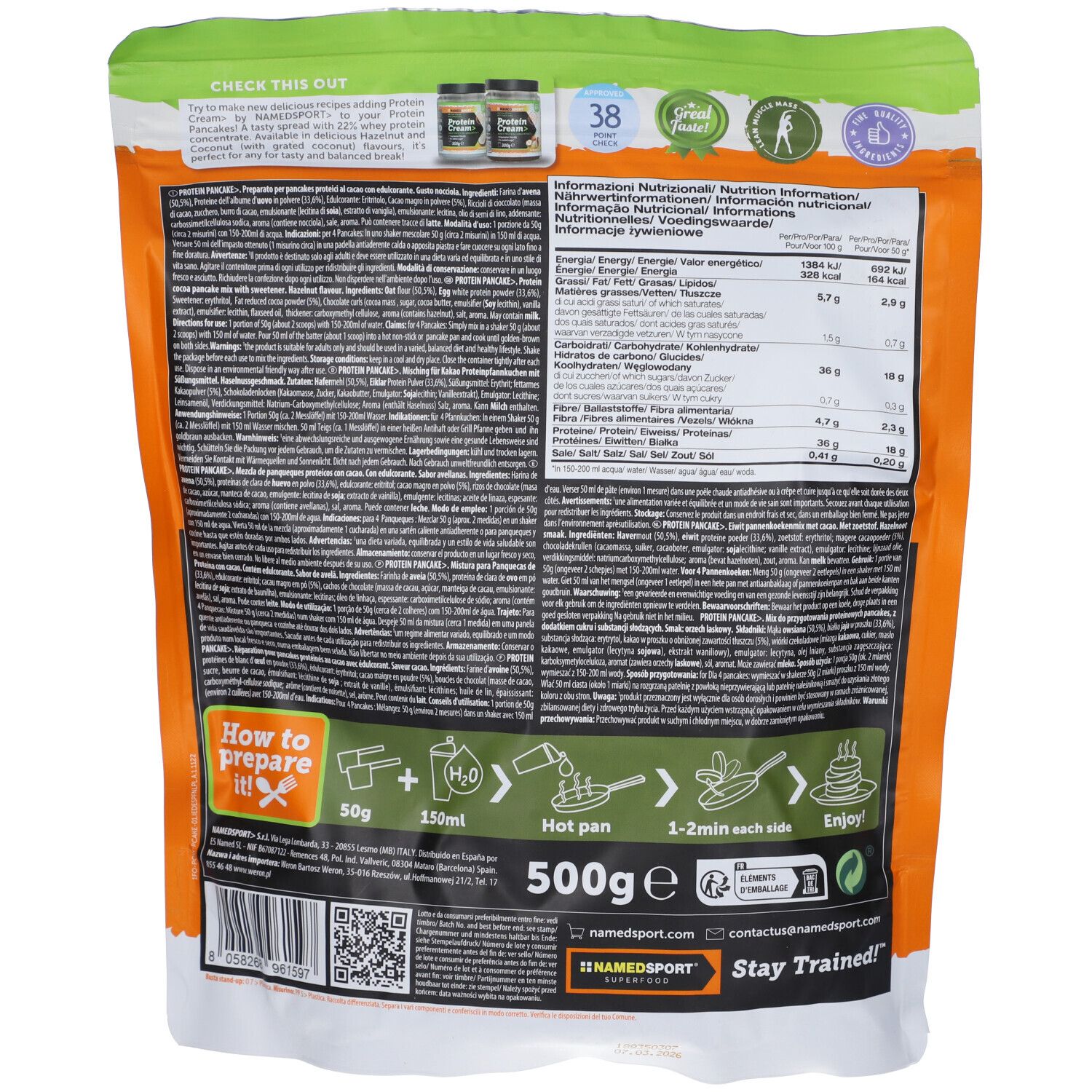 Retro confezione Protein Pancake Namedsport. Contiene informazioni nutrizionali, lista ingredienti e istruzioni preparazione.