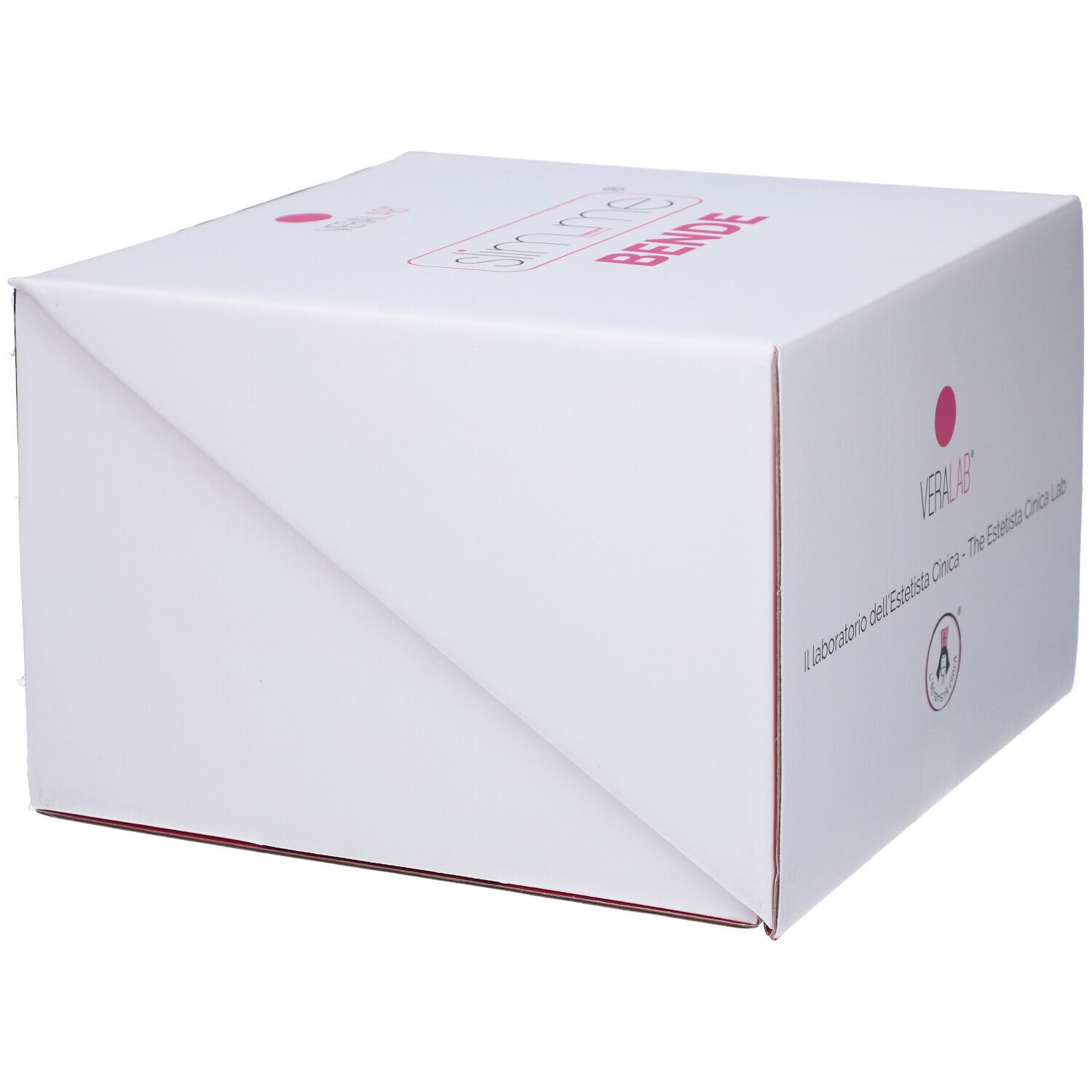 Confezione bianca, vista diagonale. Dettaglio rosa. Logo Veralab visibile.