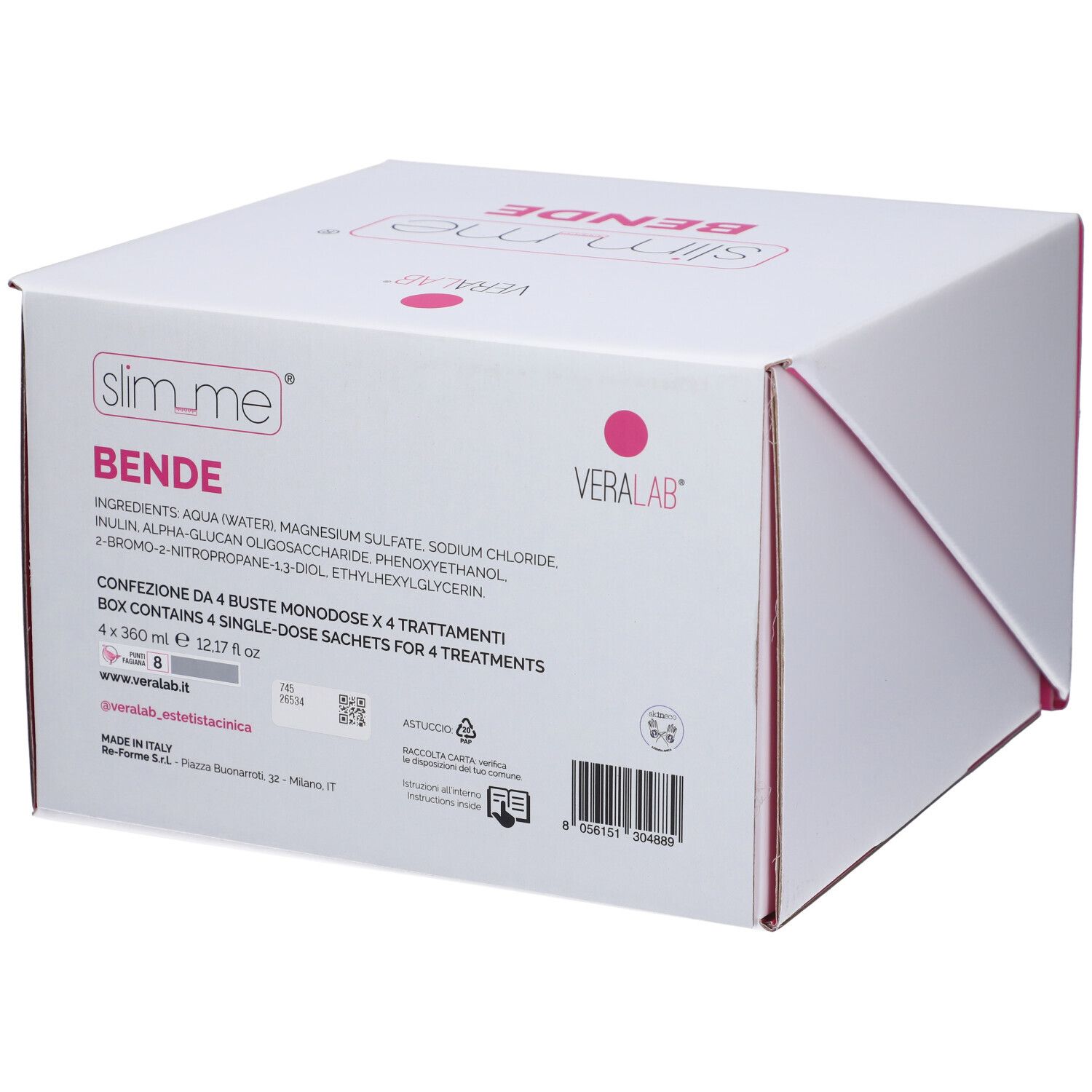 Confezione bianca con testo e ingredienti. Logo Veralab. Codice a barre.