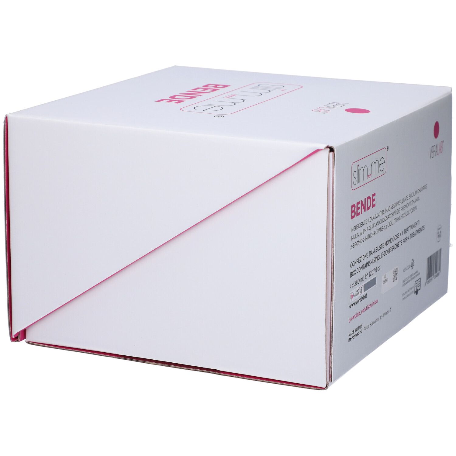 Confezione bianca, vista diagonale. Testo e ingredienti. Dettaglio rosa.