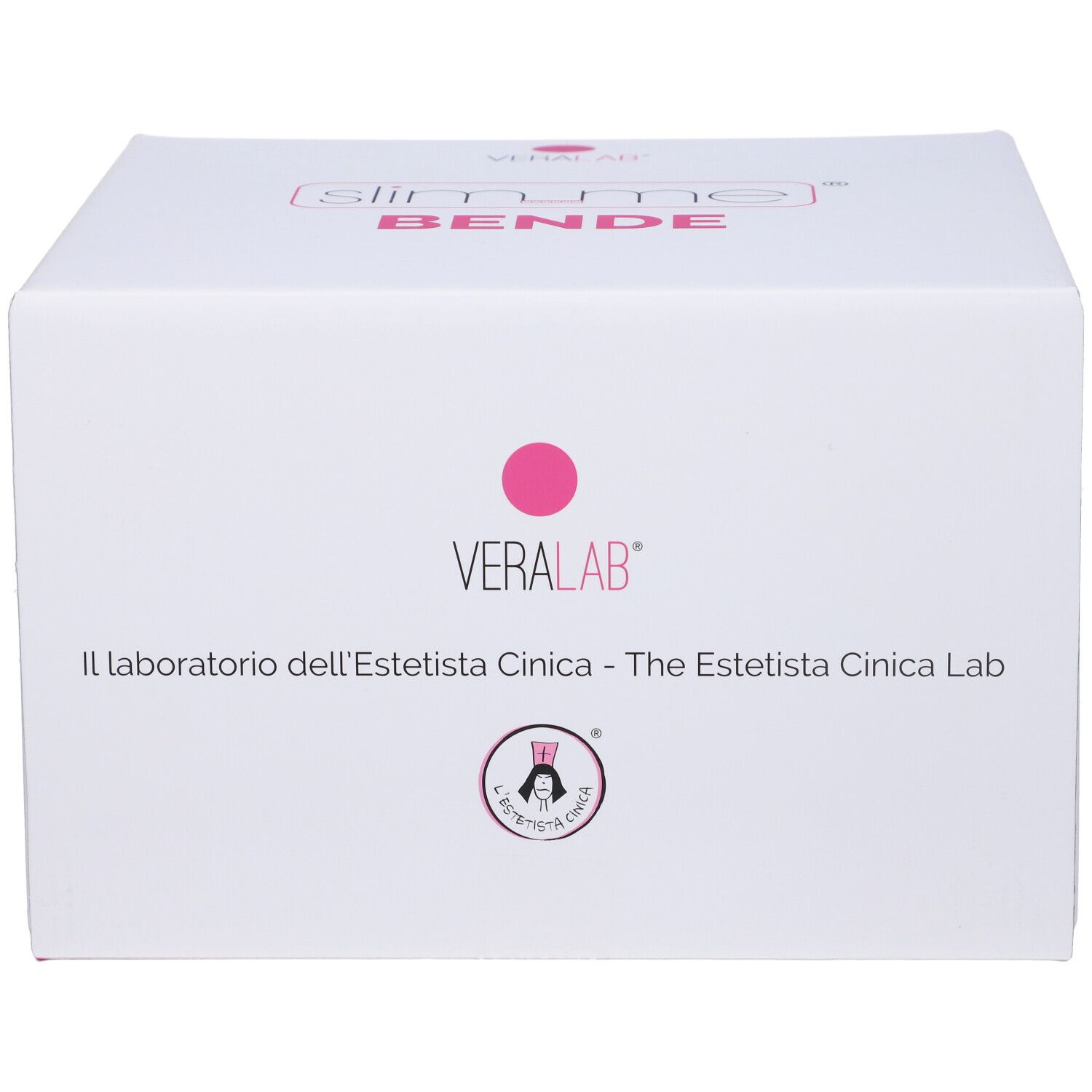 Confezione bianca con logo e testo rosa. Forma quadrata. Logo Veralab.