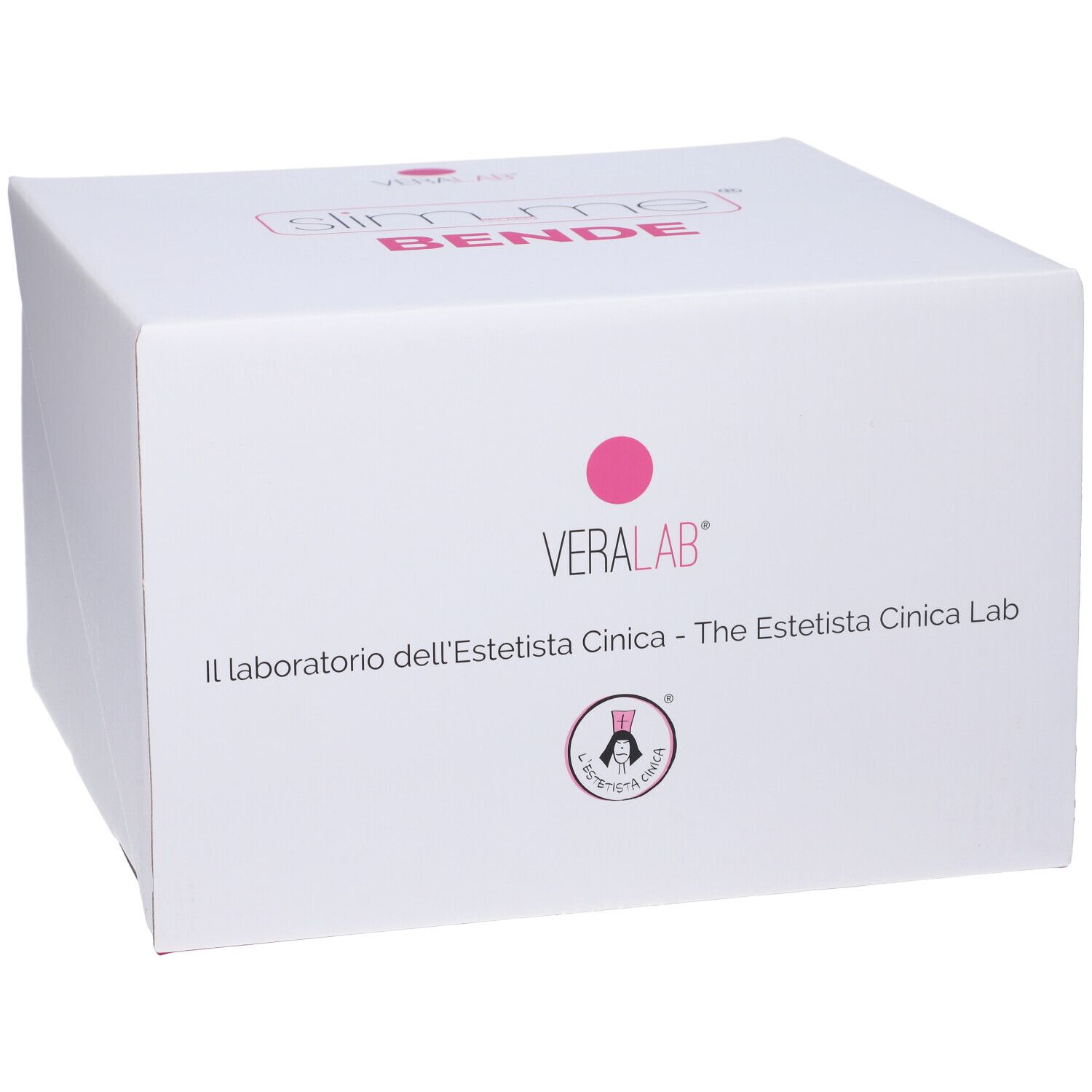 Confezione bianca con logo e testo rosa. Forma quadrata. Logo Veralab.
