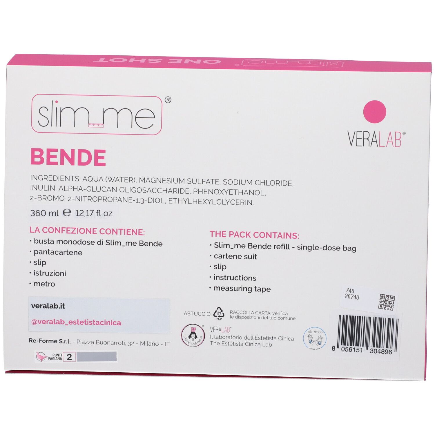 Confezione con ingredienti e informazioni. Logo "slim_me". Testo in inglese e italiano. Logo VERALAB.